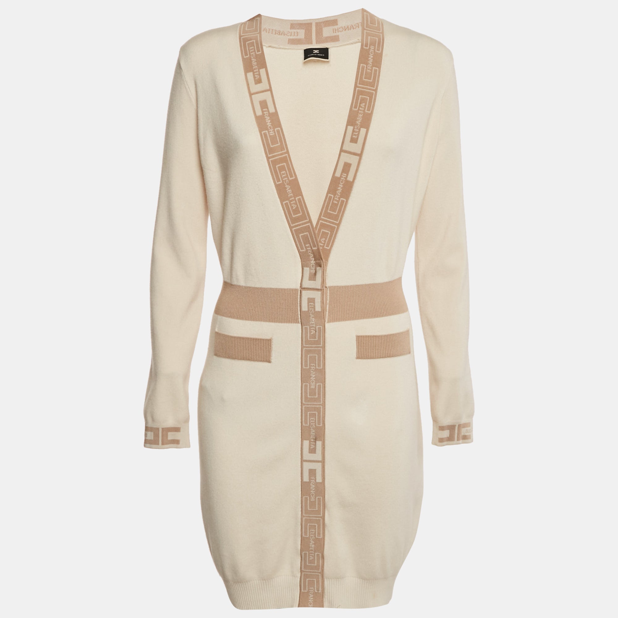Elisabetta Franchi Light Beige Knit Logo Detail Button Front Cardigan Dress M