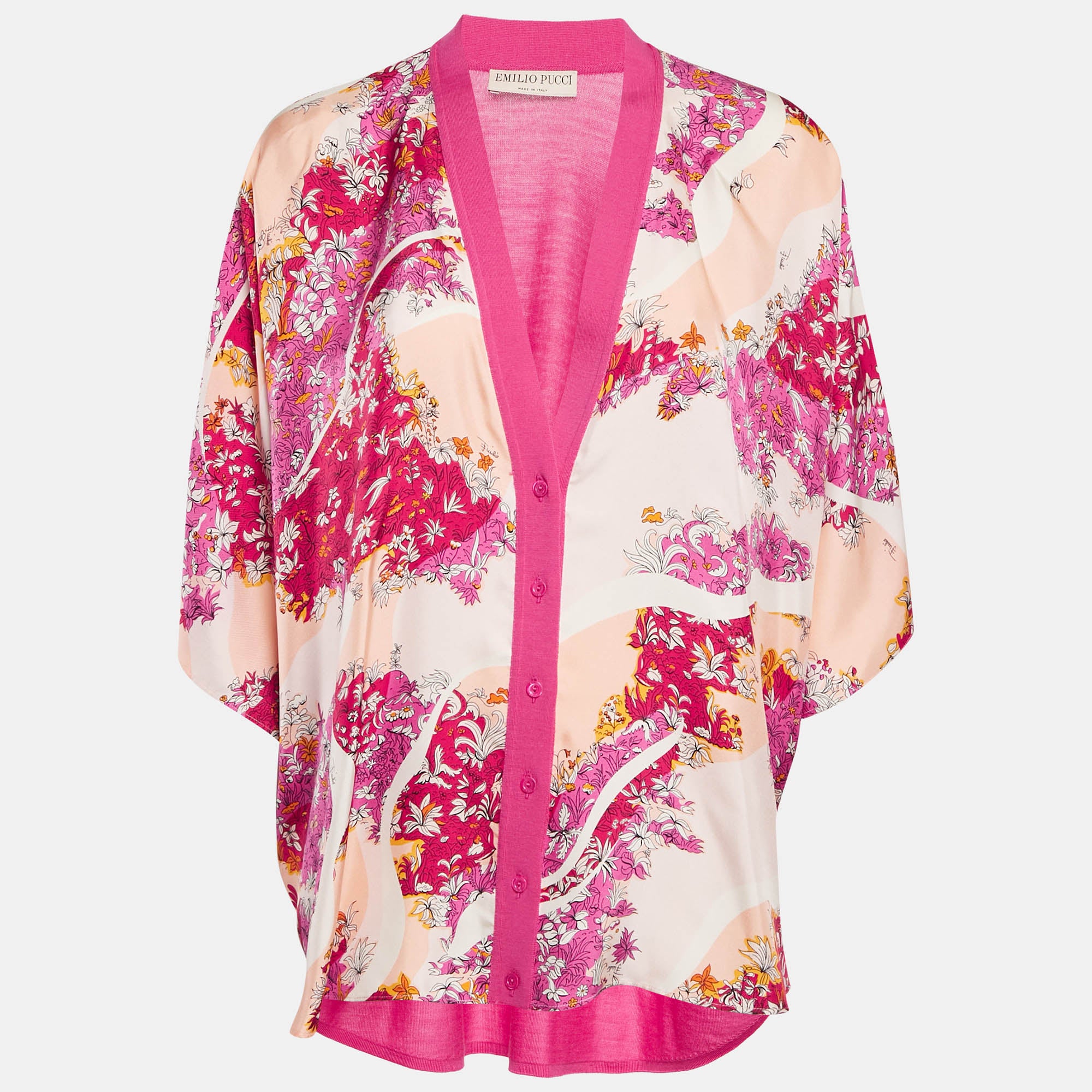 Emilio Pucci Pink Printed Silk Wool Short Sleeve Cardigan L