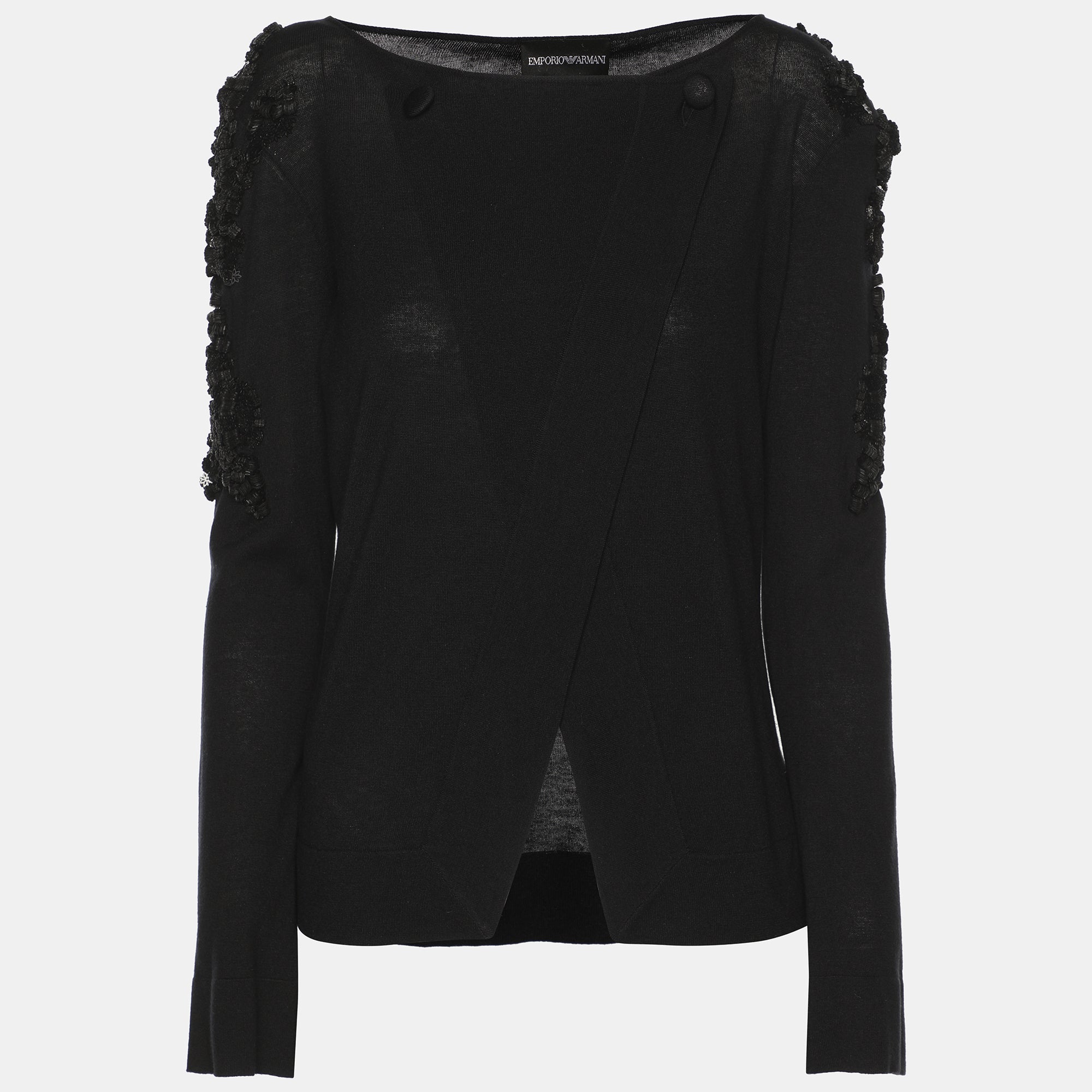 Emporio Armani Black Stretch Knit Embellished Cardigan S
