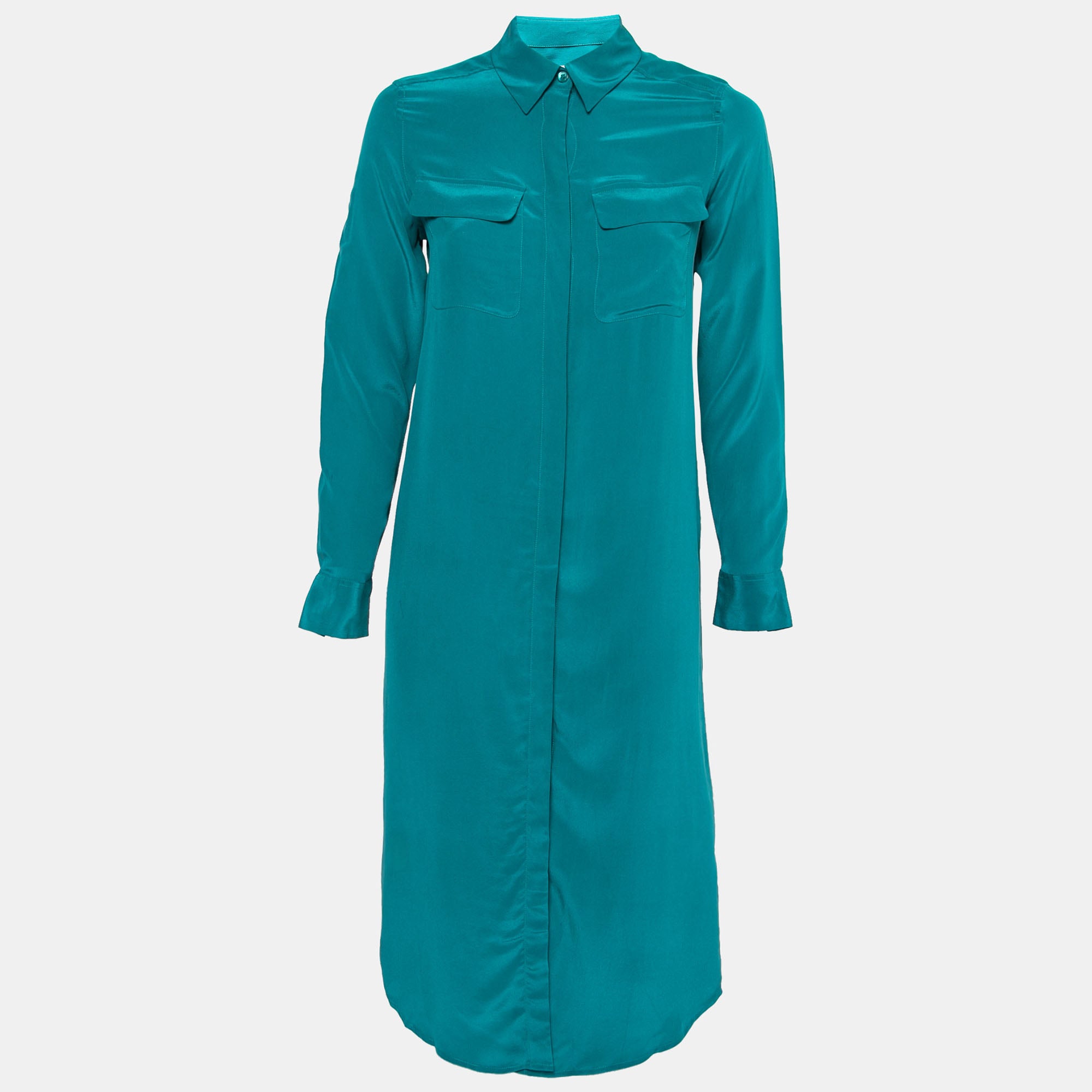 Equipment Femme Everglade Blue Silk Charmeuse Tegan Shirt Dress XS