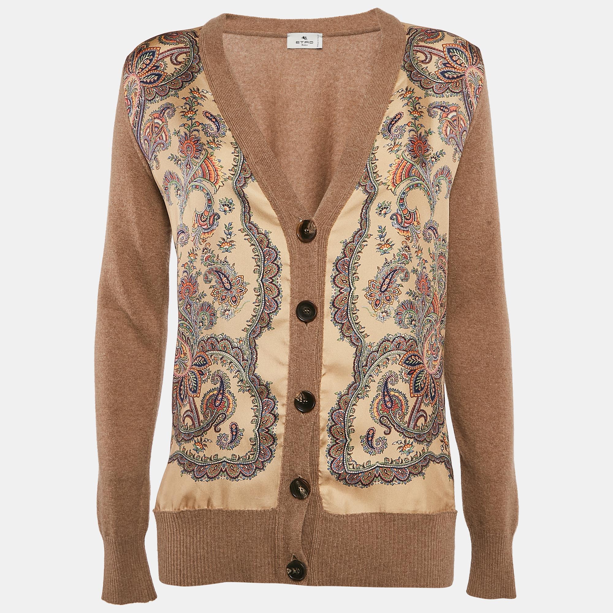 Etro Beige Paisley Print Silk and Wool Knit Cardigan S