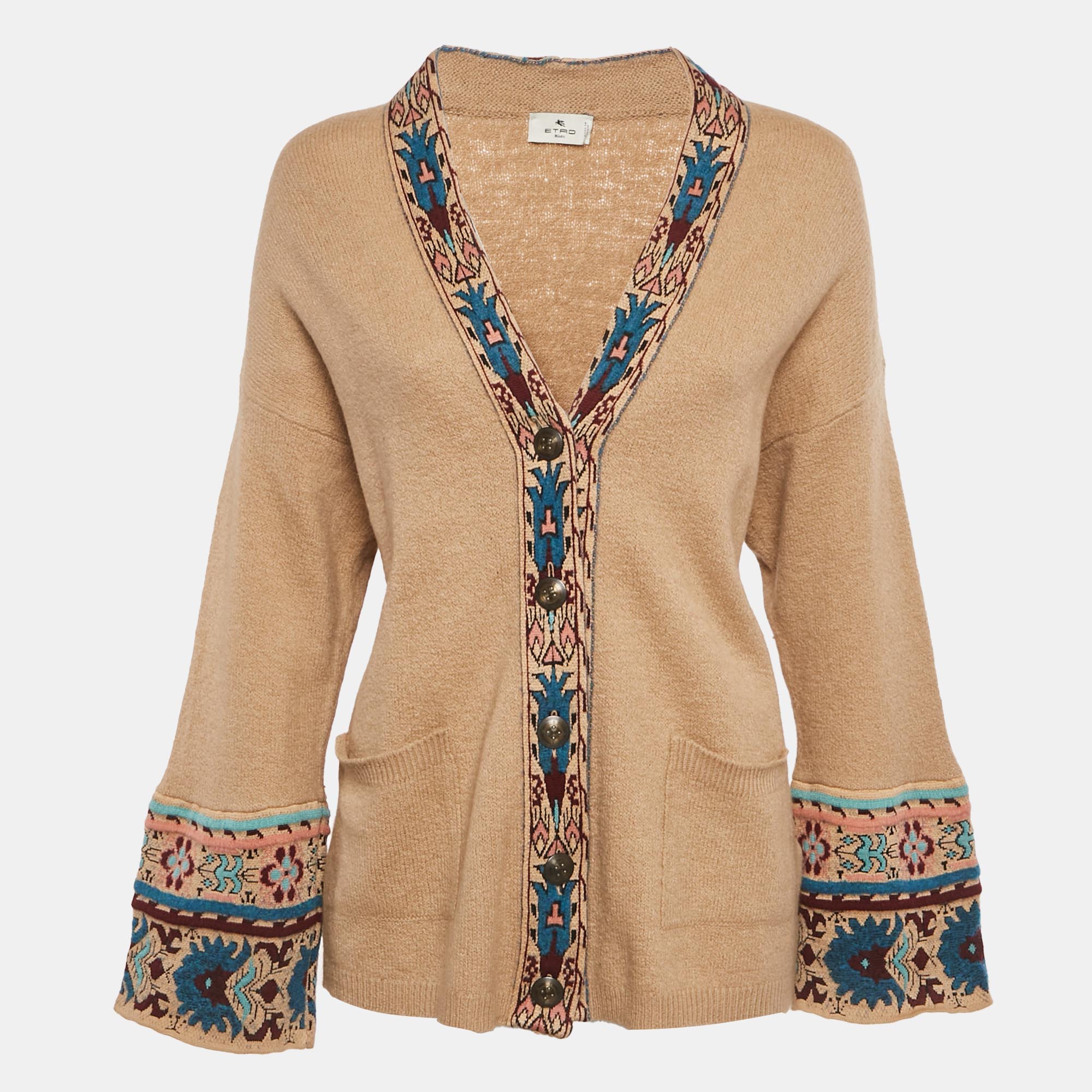 Etro Beige Intarsia Wool Blend Cardigan L