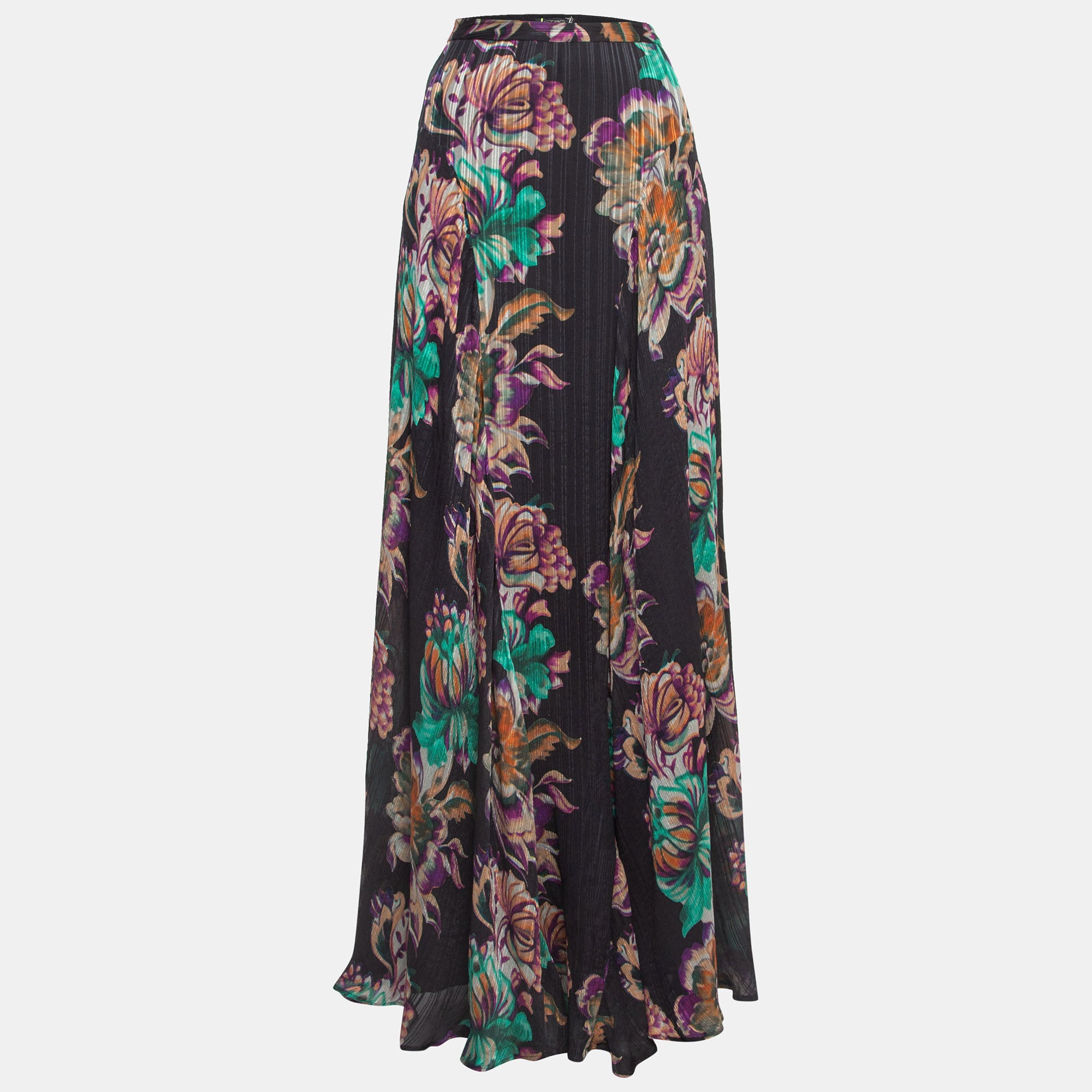 Etro Black Floral Printed Crinkled Silk Maxi Skirt M