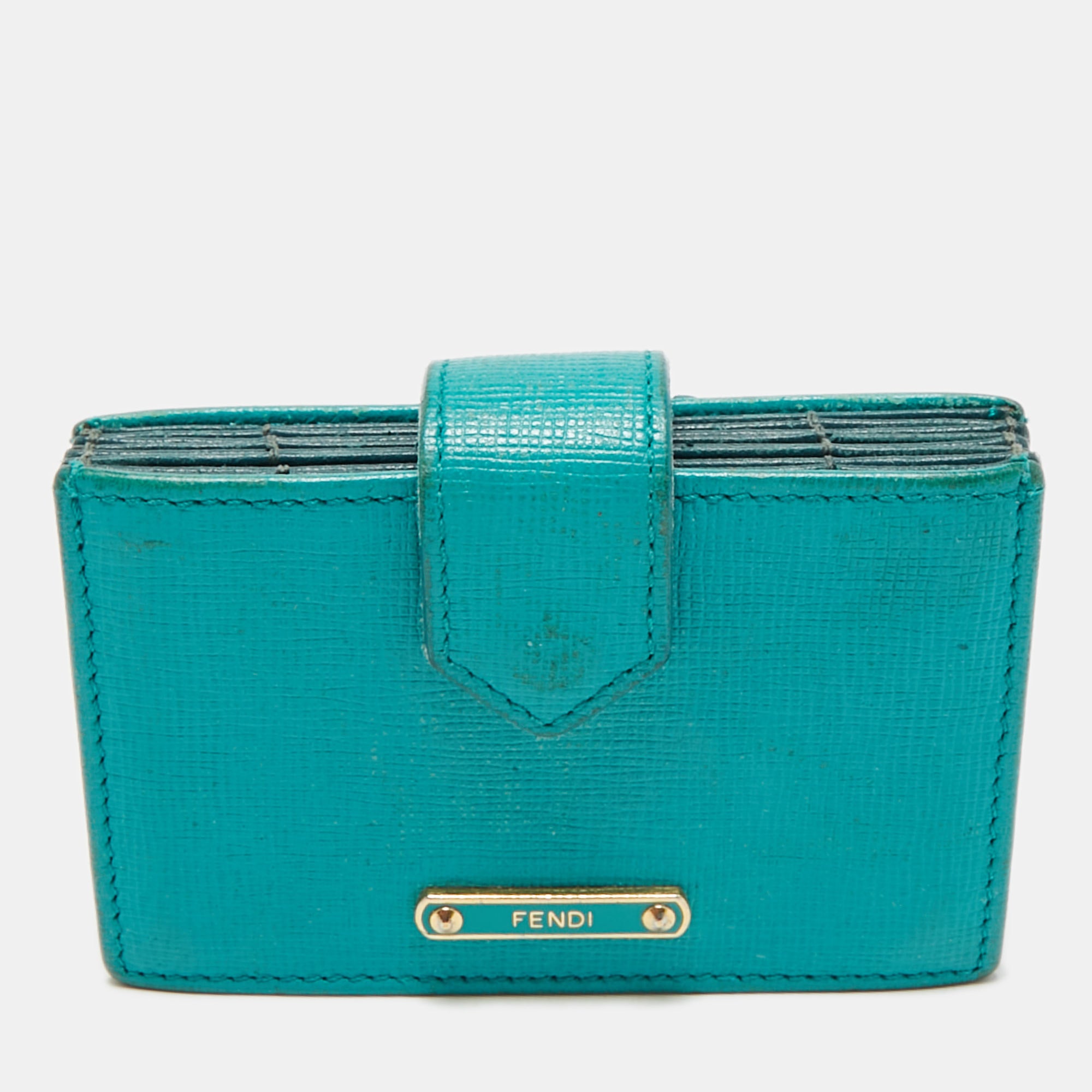 Fendi Teal Blue Saffiano Leather Gusset Card Holder