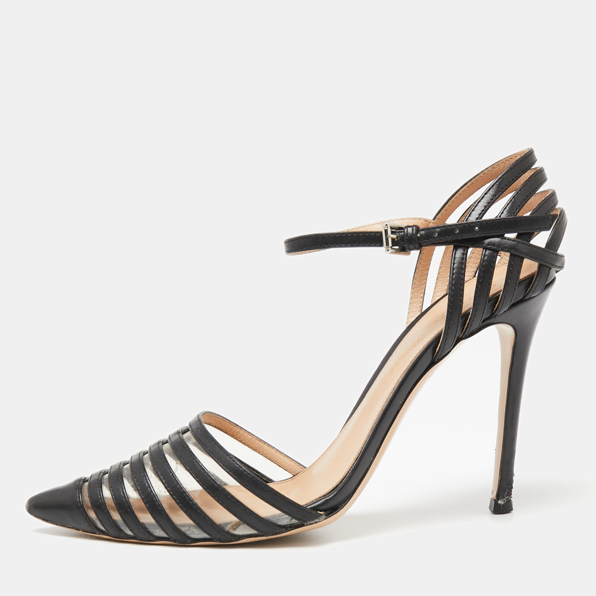 Gianvito Rossi Black Leather and PVC Caged Ankle-Strap Pointed-Toe Pumps Size 36.5