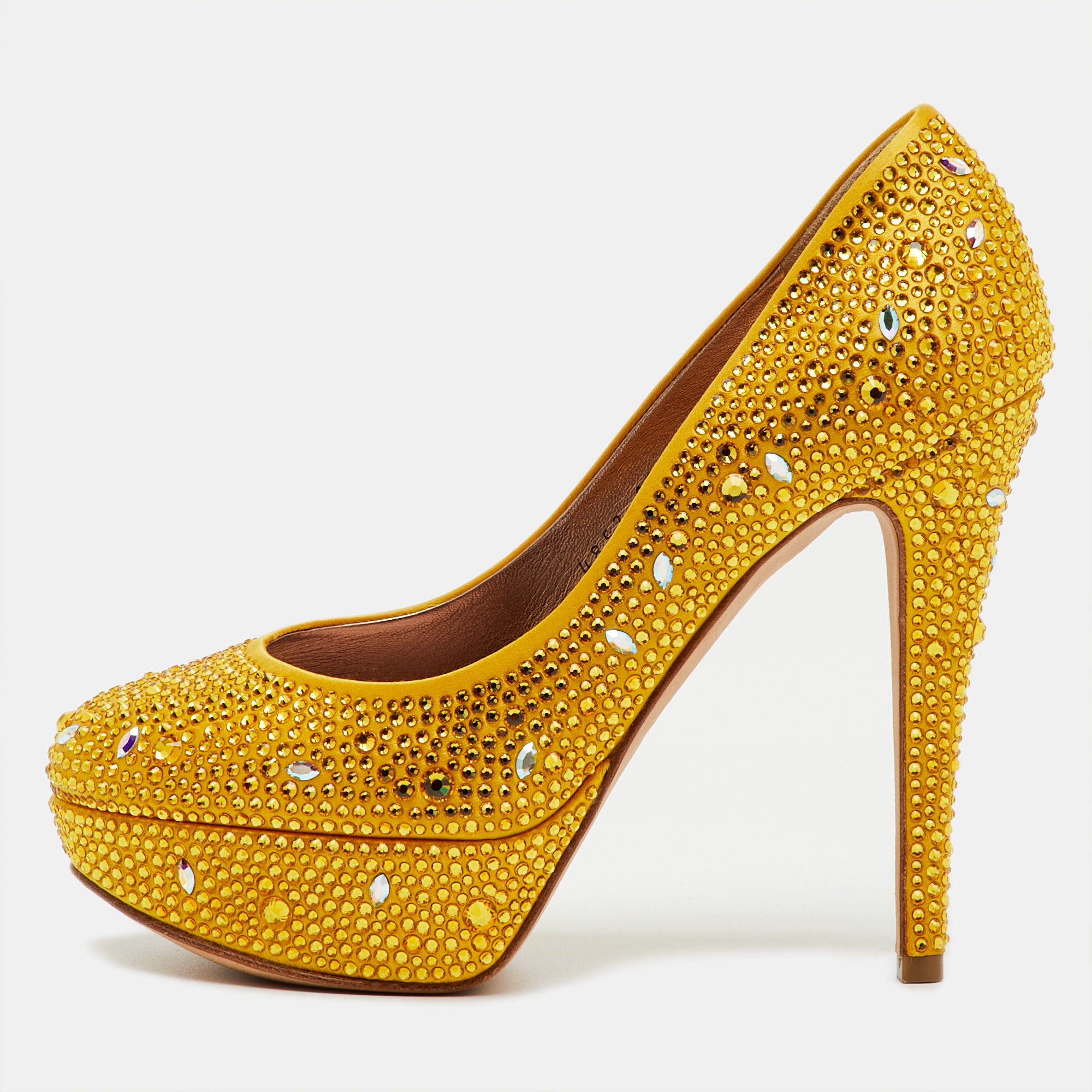 Gina Yellow Satin Dolly Crystal Embellished Platform Pumps Size 37.5
