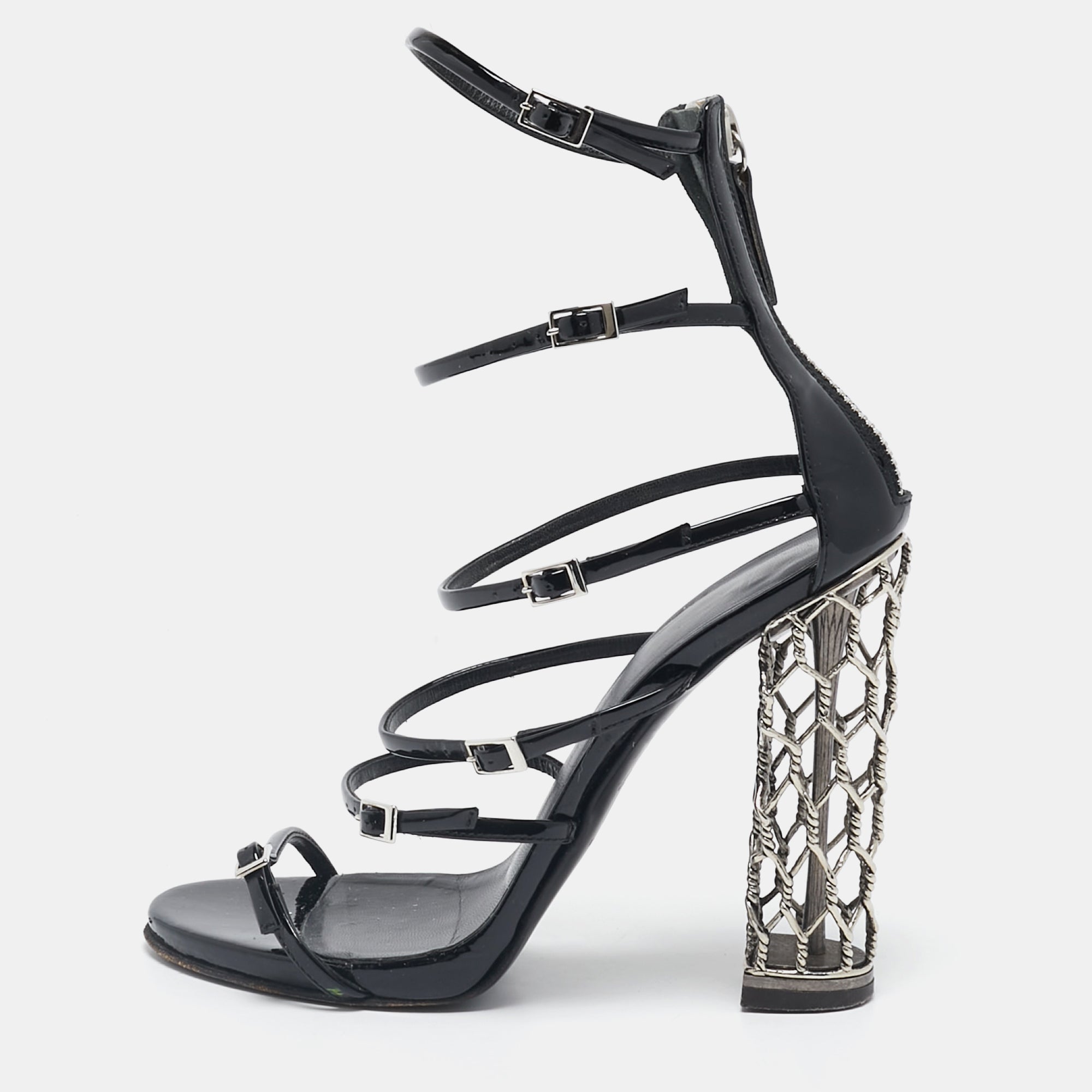 Giuseppe Zanotti Black Patent Leather Lauren Metal Cage Heel Strappy Sandals Size 38.5