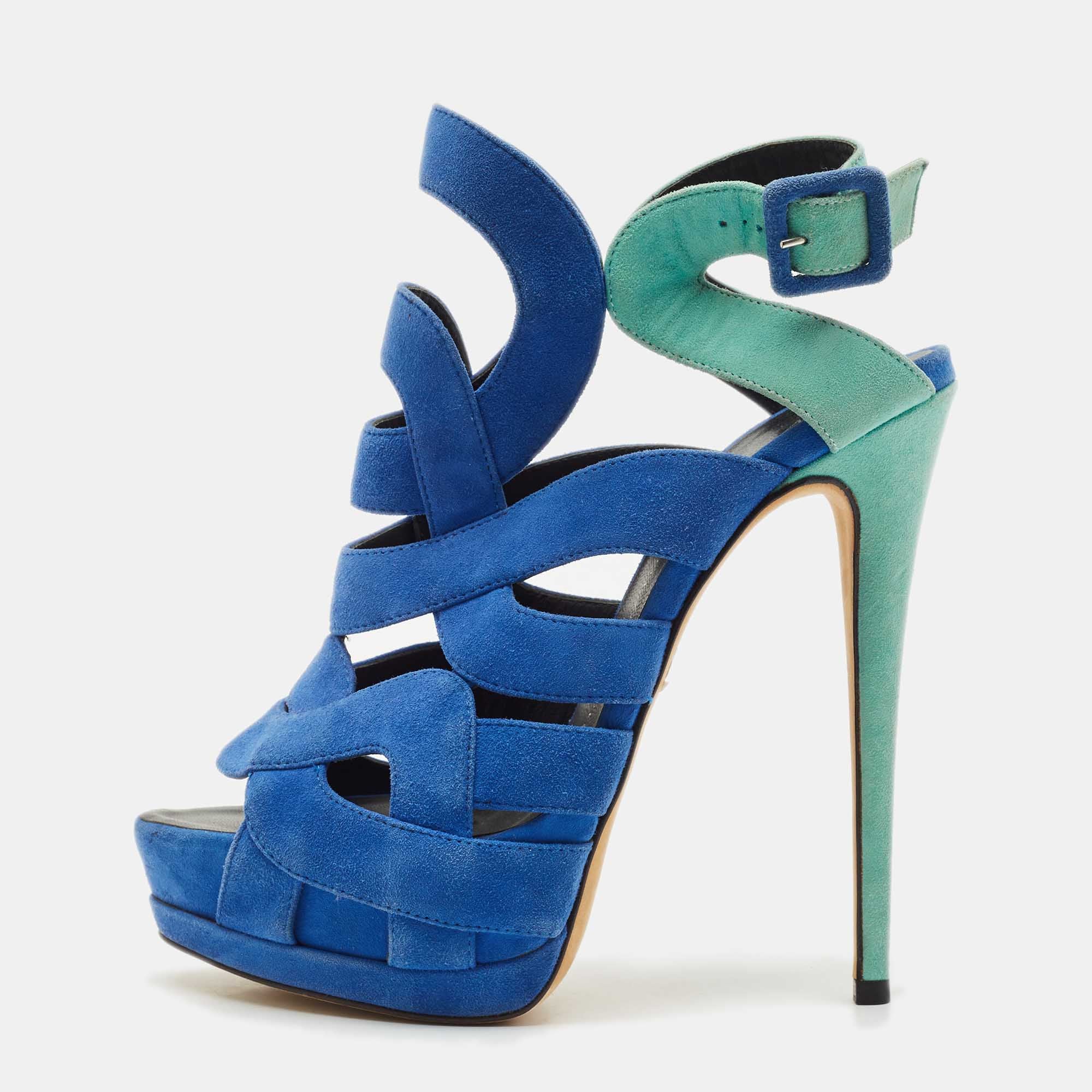 Giuseppe Zanotti Blue-Green Suede Cutout Caged Strappy Platform Sandals Size 39