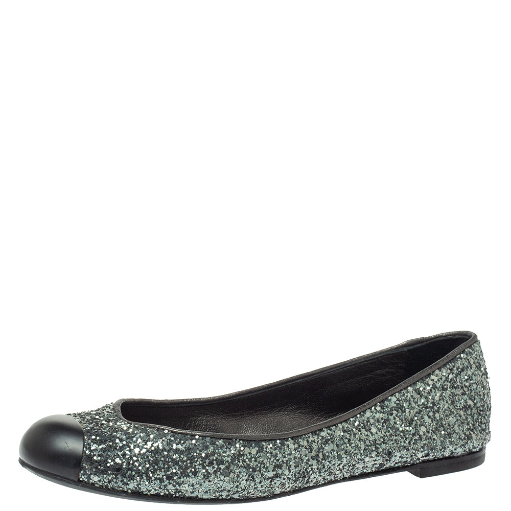 Giuseppe Zanotti Grey Glitter Fabric Cap Toe Ballet Flats Size 35