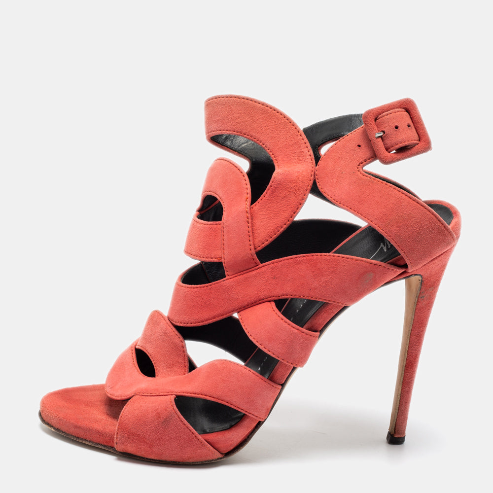 Giuseppe Zanotti Coral Pink Suede Cut Out Cage Sandals Size 40