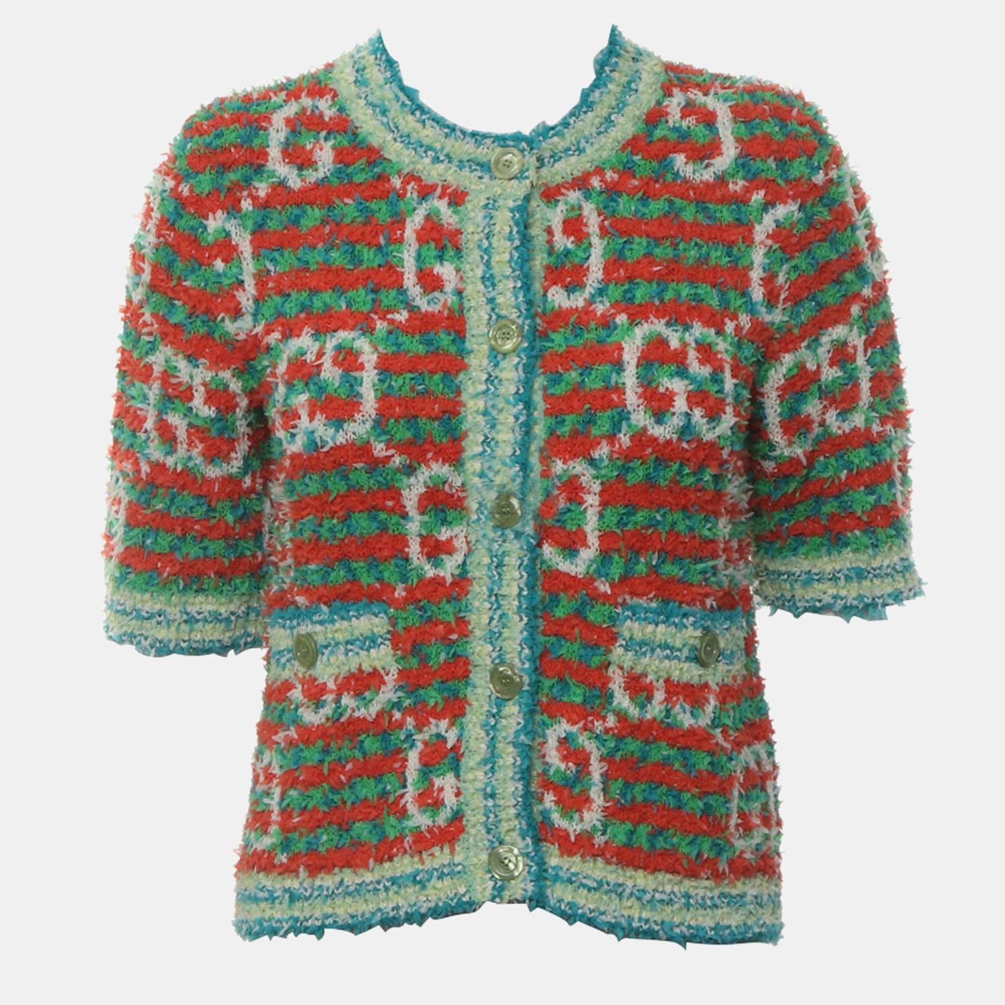 Gucci Multicolor Cotton, Polyamide Maxi Gg Knit Cardigan S