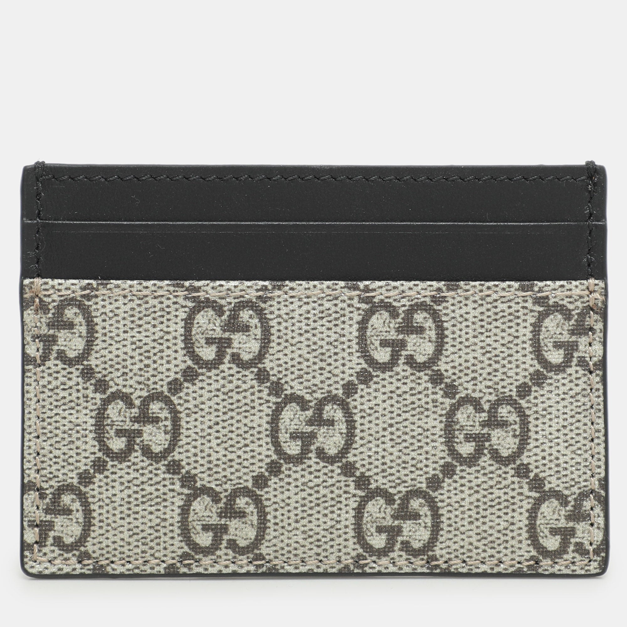 Gucci Black-Beige GG Supreme Canvas and Leather Card Holder
