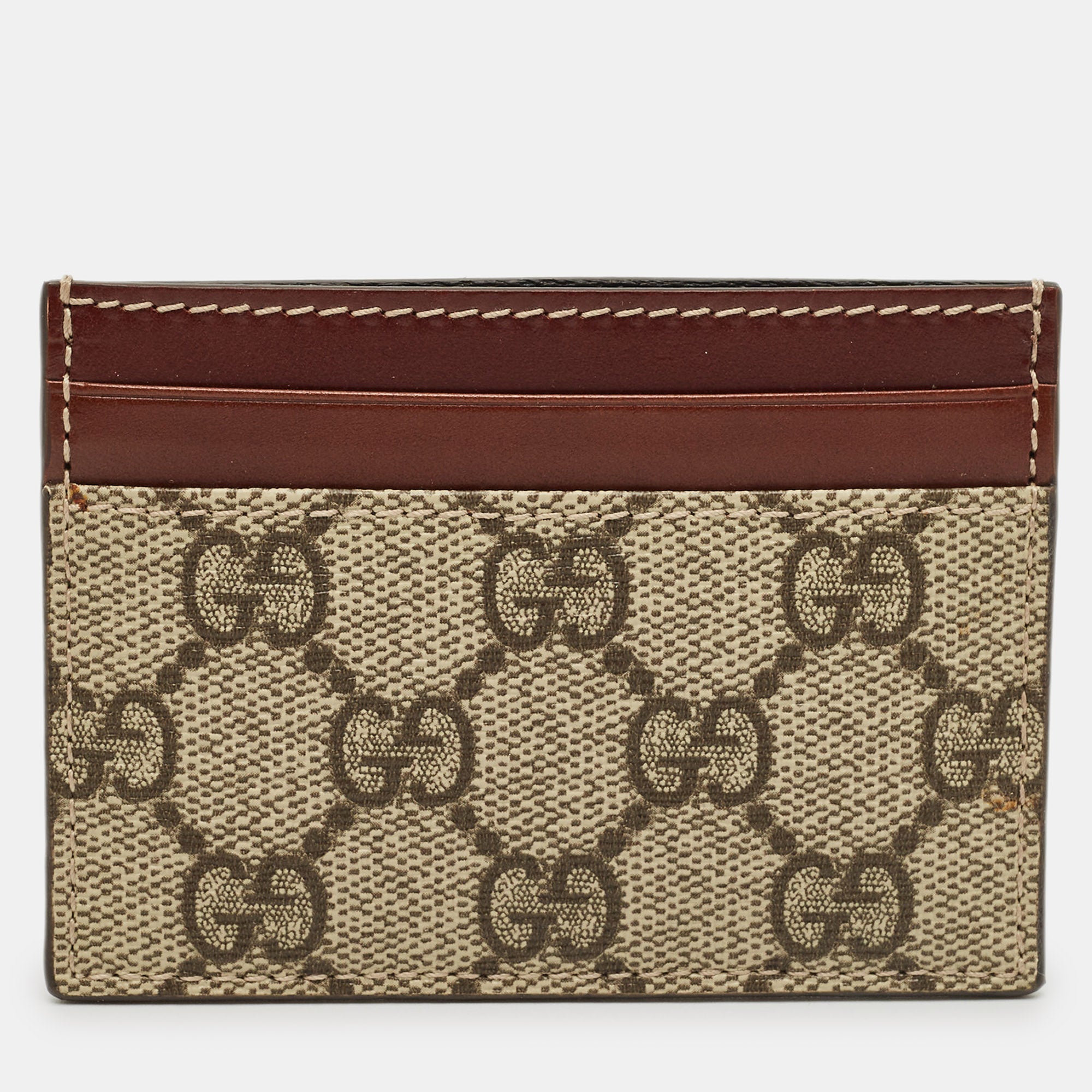 Gucci Brown-Beige GG Supreme Canvas and Leather Card Holder