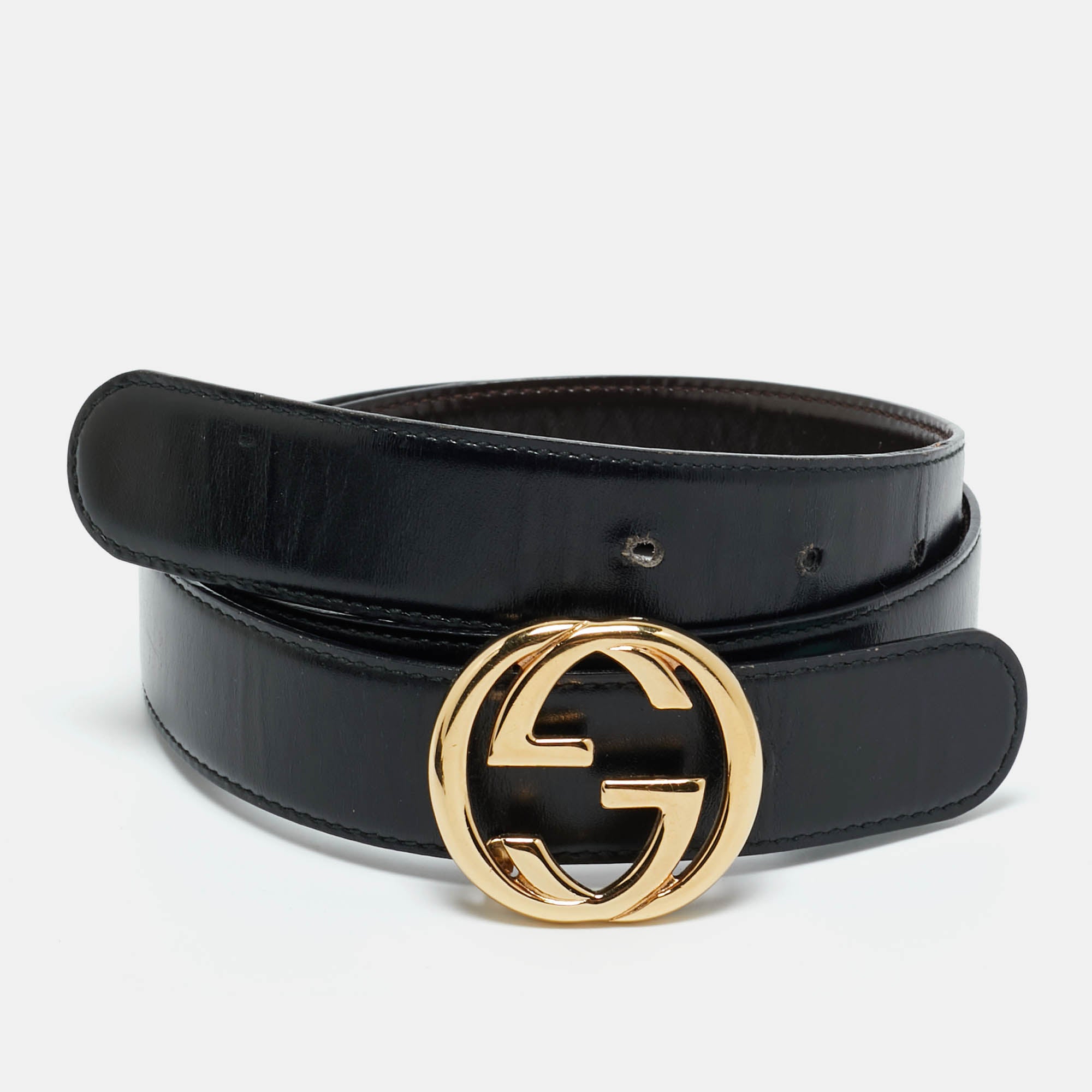 Gucci Black Glossy Leather Interlocking G Belt 75CM