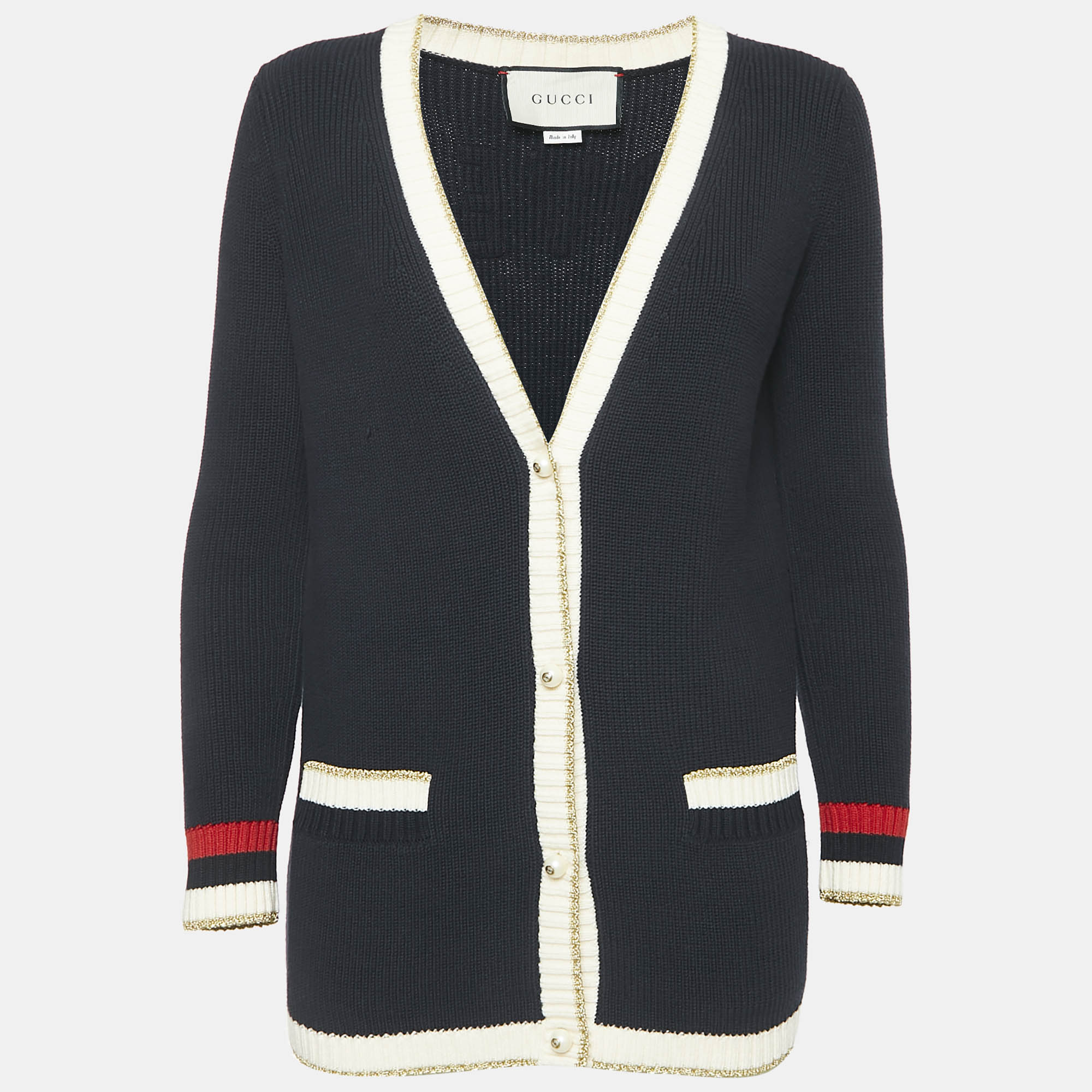 Gucci Navy Blue Rib Knit Button Front Cardigan XS