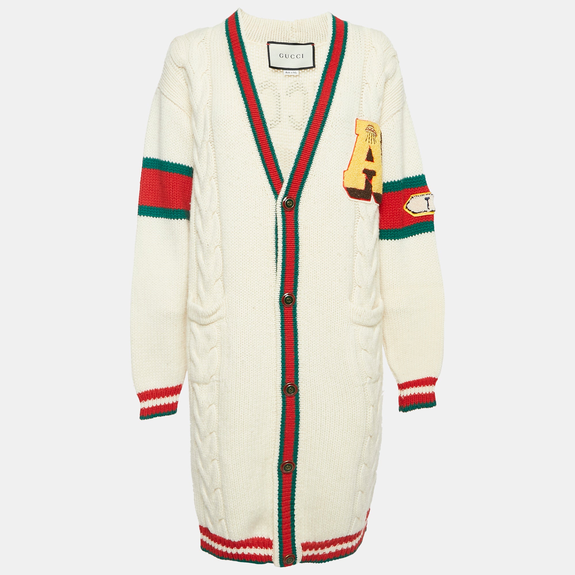 Gucci Cream Cable Knit Web Trim Applique Detail Cardigan M