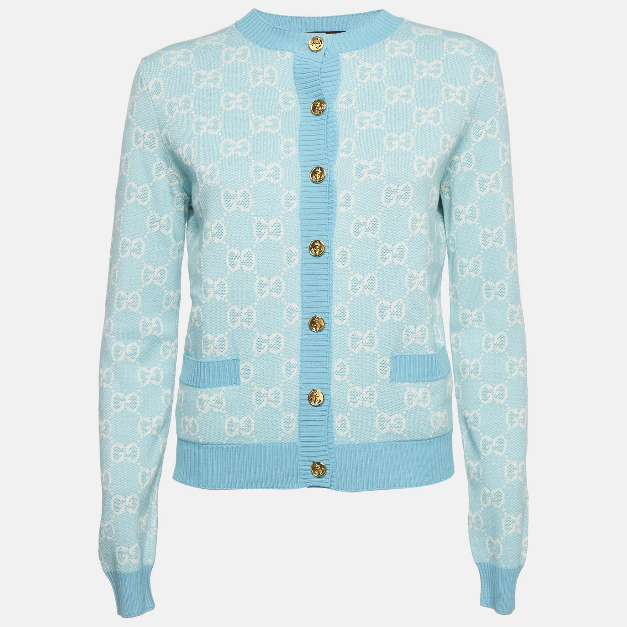 Gucci Blue Monogram Jacquard Cotton and Wool Knit Button Front Cardigan XS