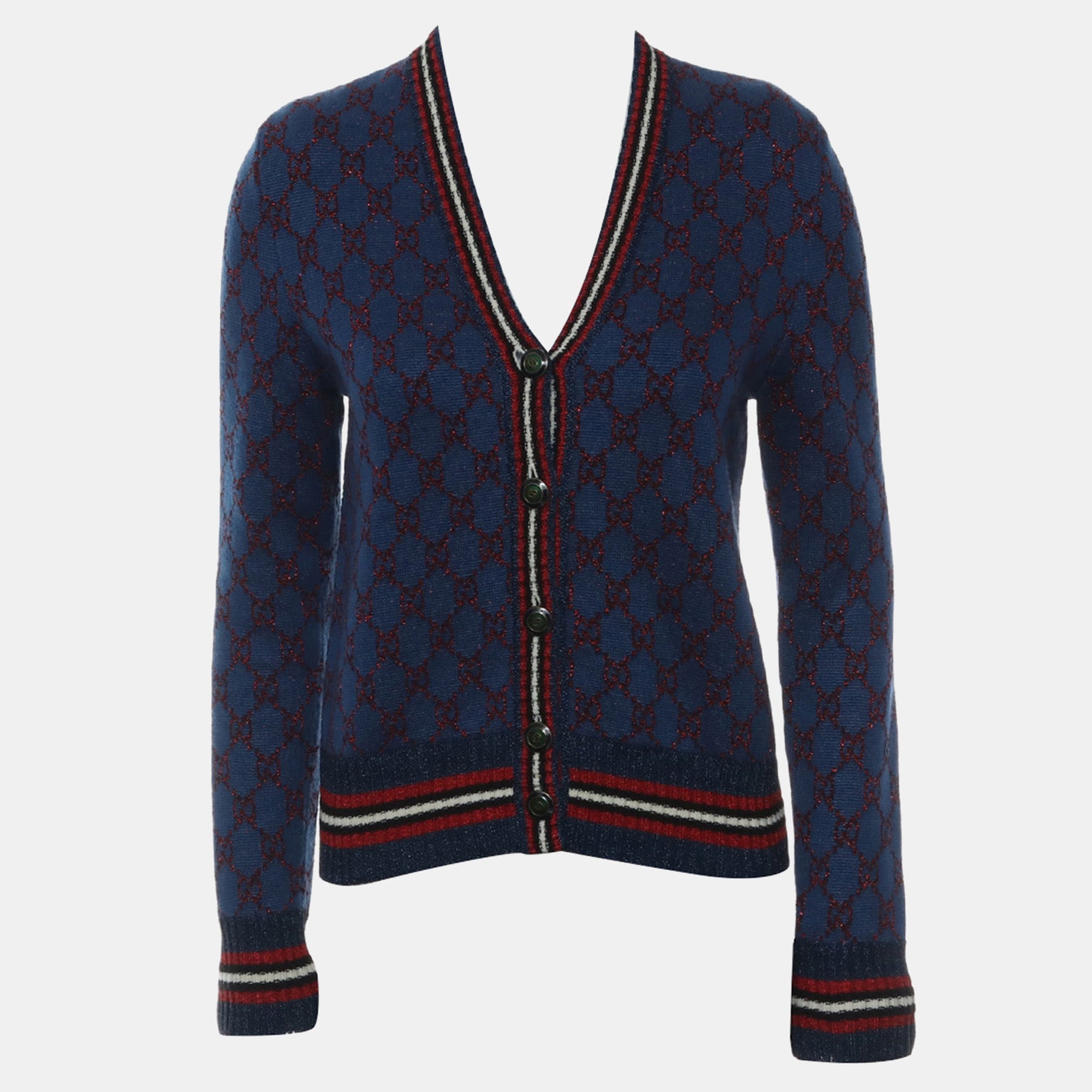 Gucci Blue & Red Wool GG Button-Up Cardigan Size S