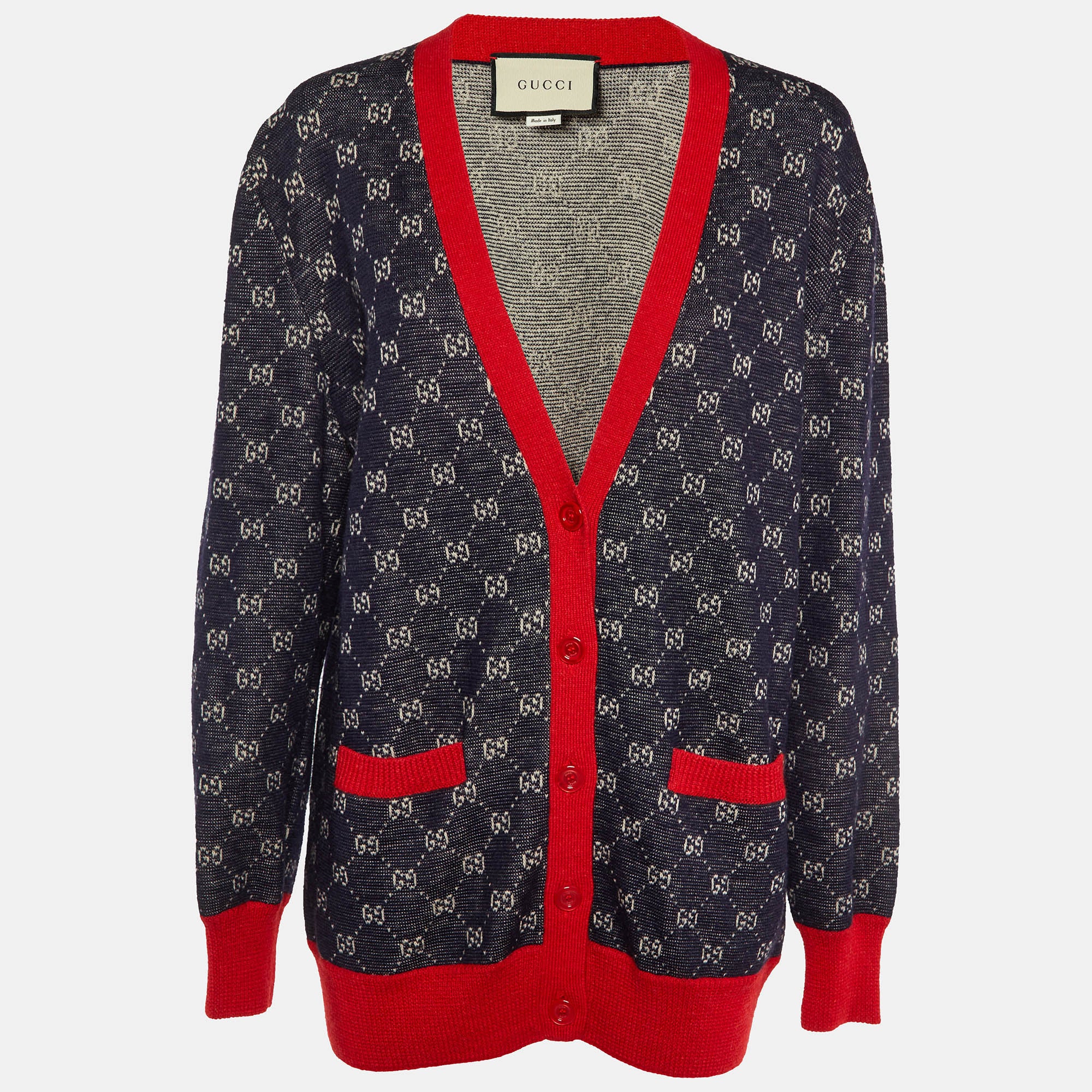 Gucci Navy Blue GG Jacquard Wool & Alpaca Button Front Cardigan L