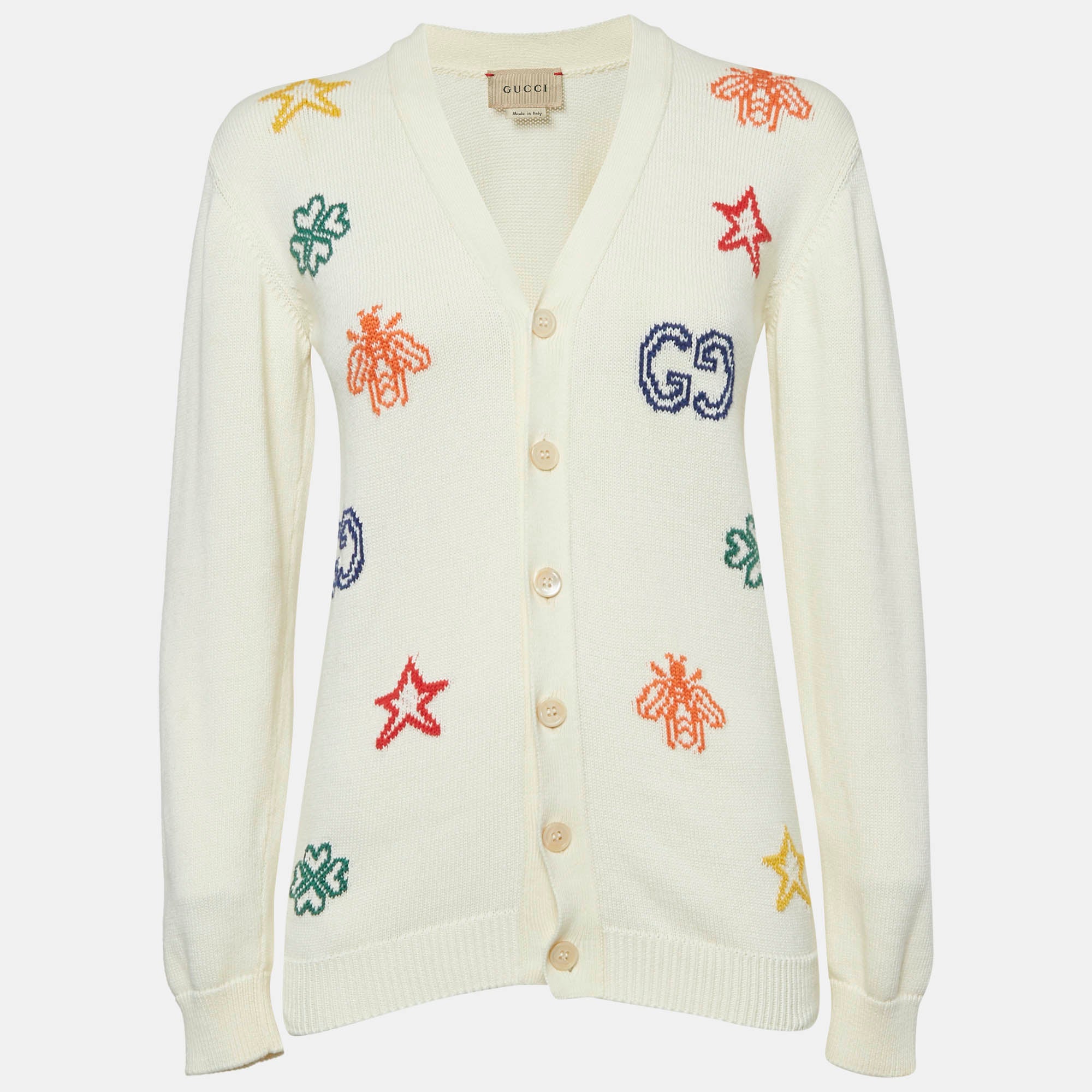 Gucci Cream Intarsia Cotton Knit Cardigan XL