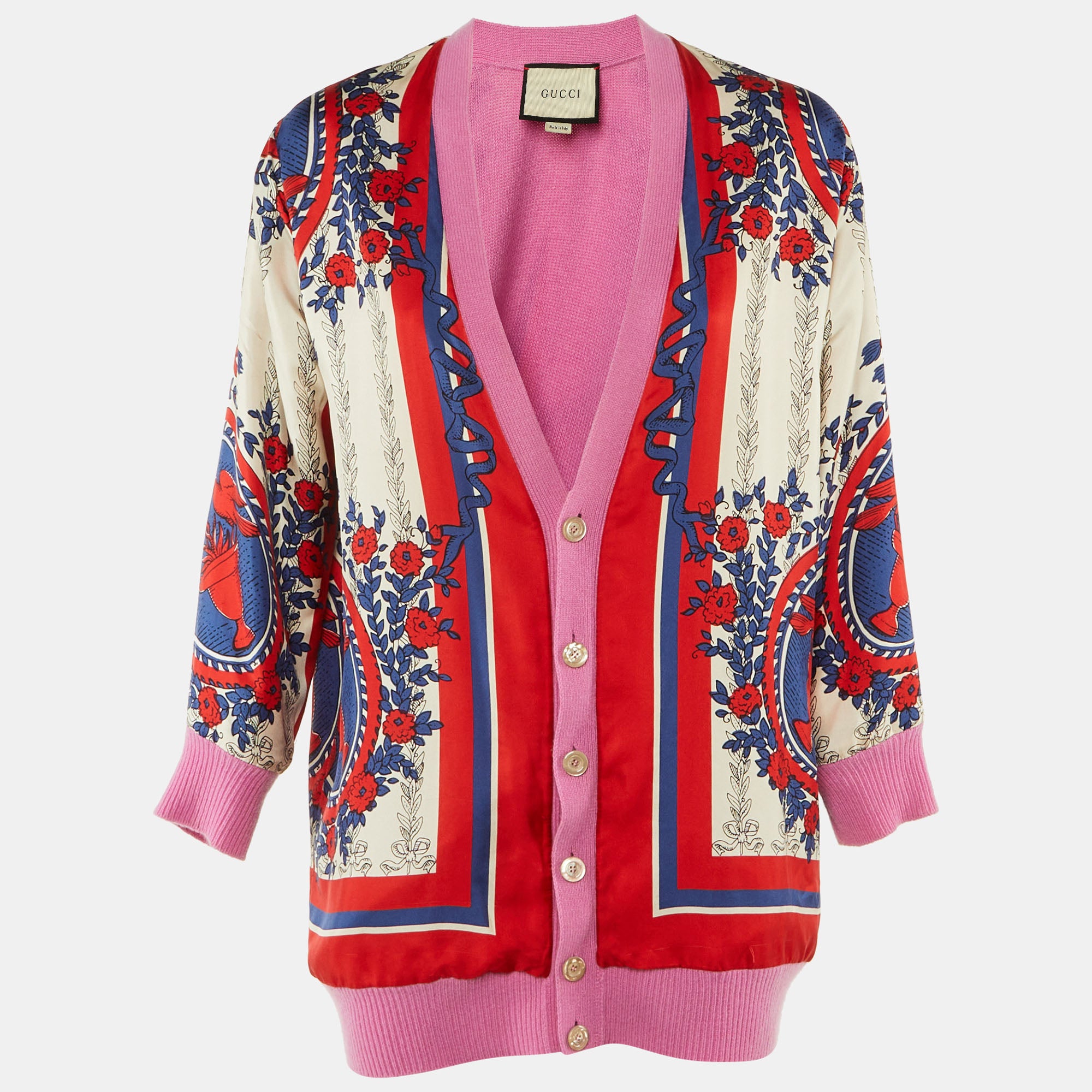 Gucci Pink Carillon Print Silk & Wool Reversible Cardigan L