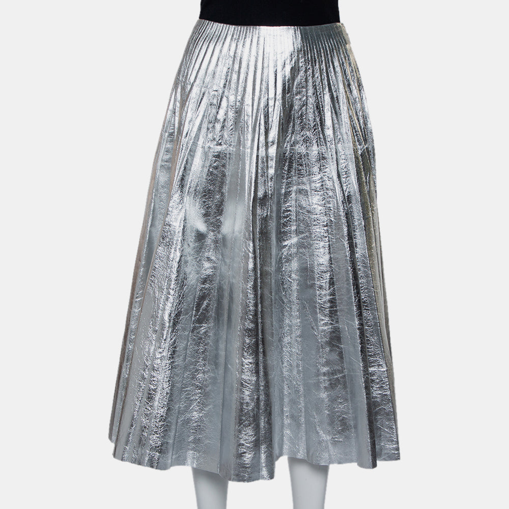Gucci Metallic Silver Leather Pleated Midi Skirt S