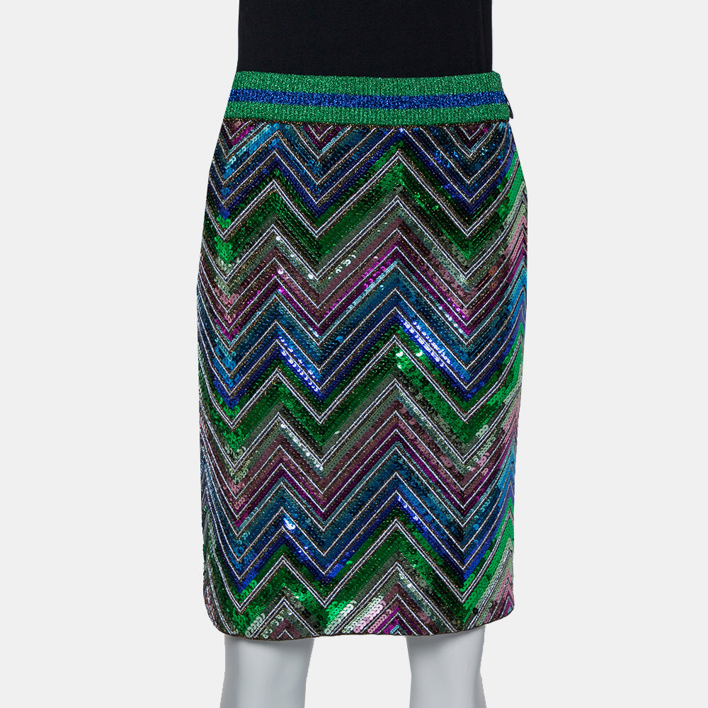 Gucci Multicolor Lurex Knit Chevron Pattern Sequin Embellished Skirt L