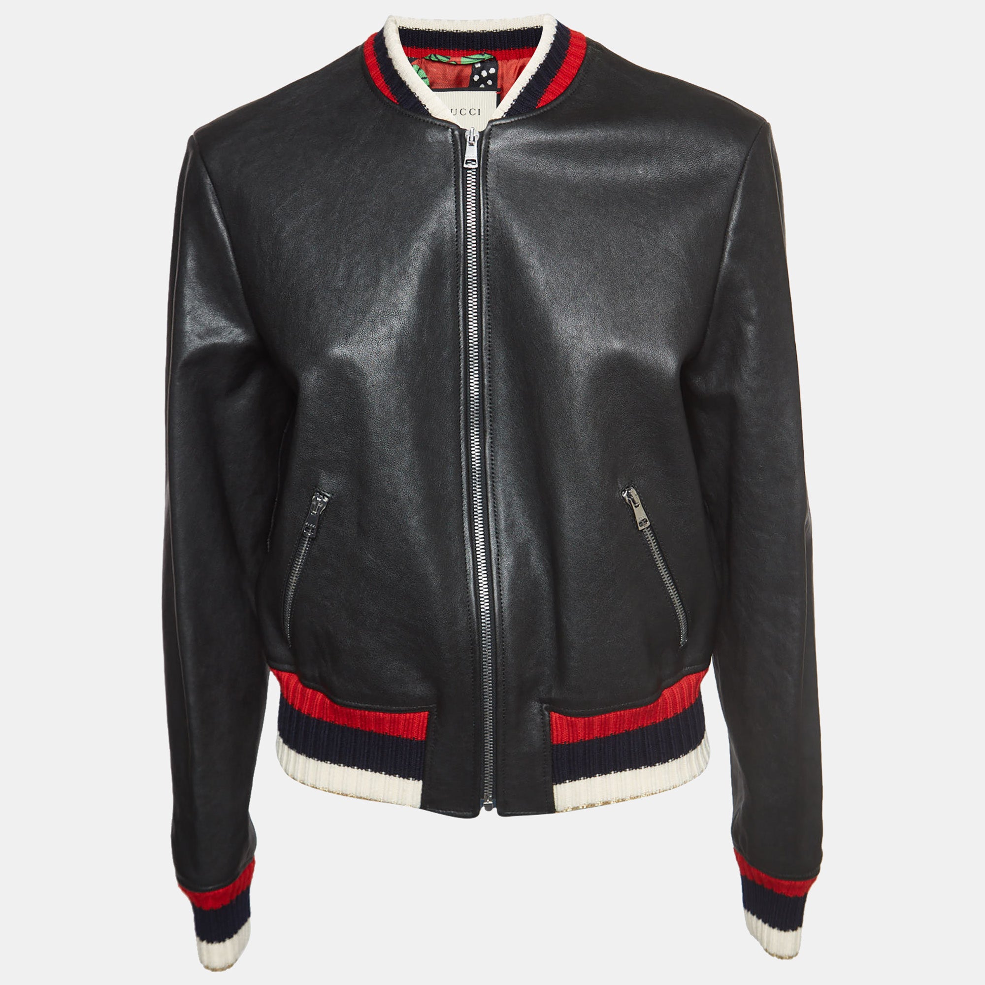 Gucci Black Blind For Love Embroidered Leather Bomber Jacket L