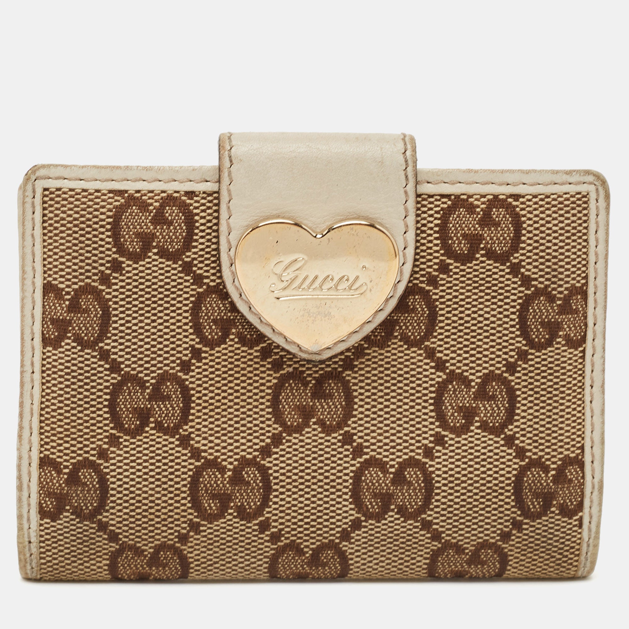 Gucci Beige-Off White GG Canvas and Leather Heart Flap Card Holder