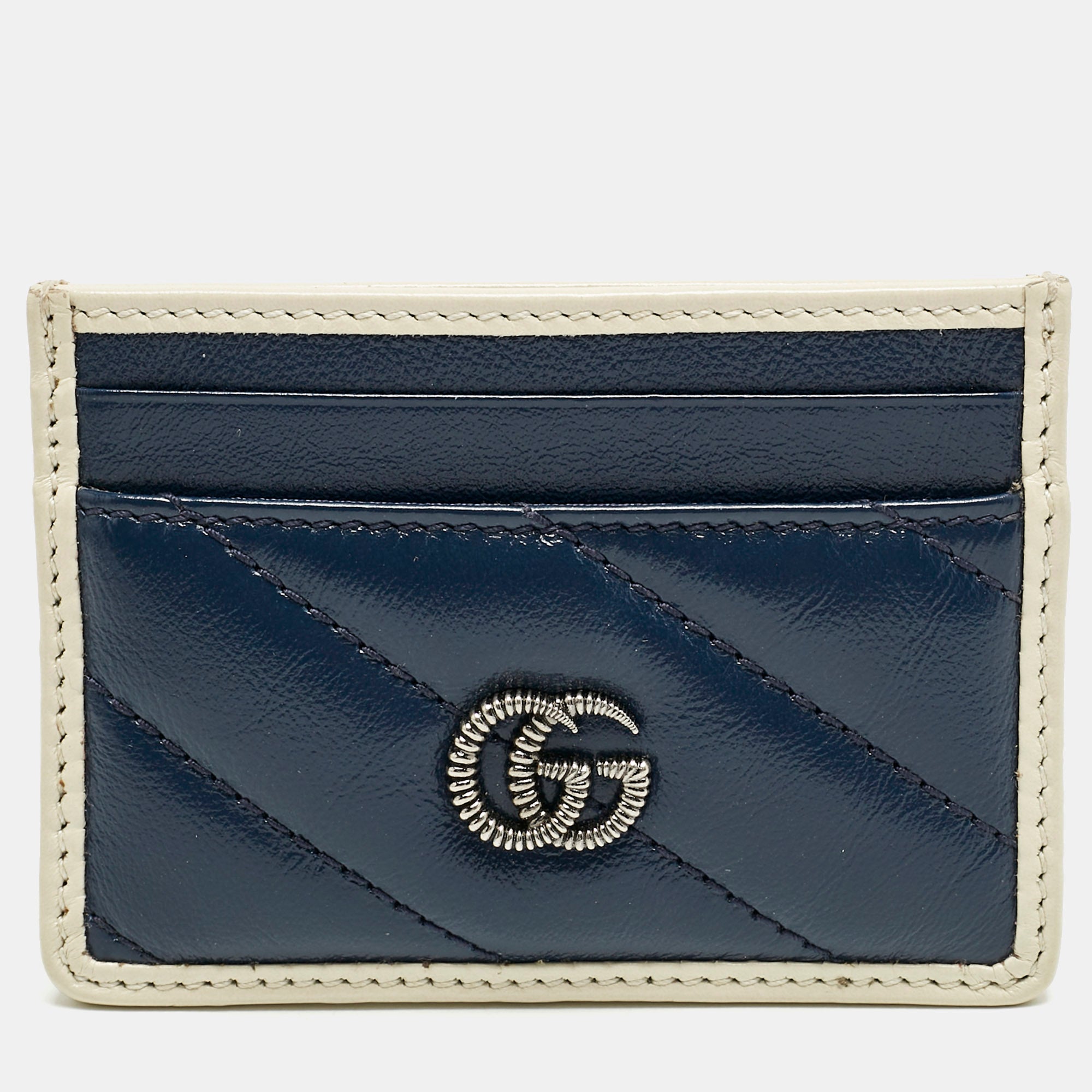 Gucci Blue-White Diagonal Quilt Leather GG Torchon Marmont Card Holder