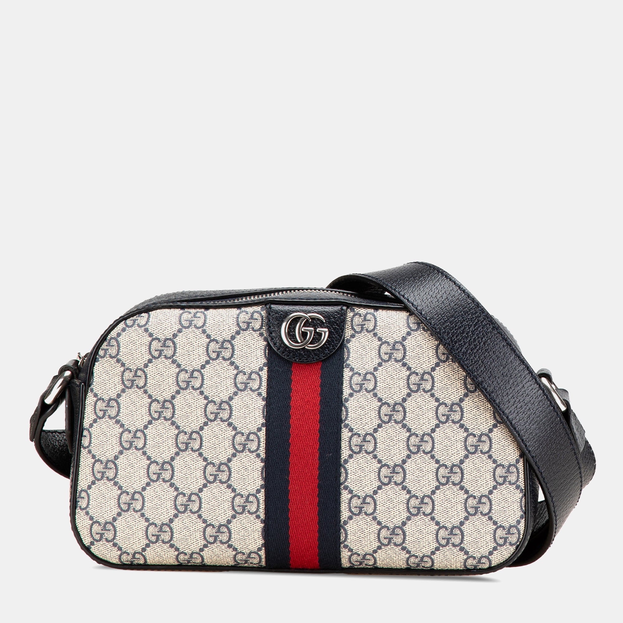 Gucci Beige Black Small GG Supreme Textured Dollar Calfskin Web Ophidia Camera Bag
