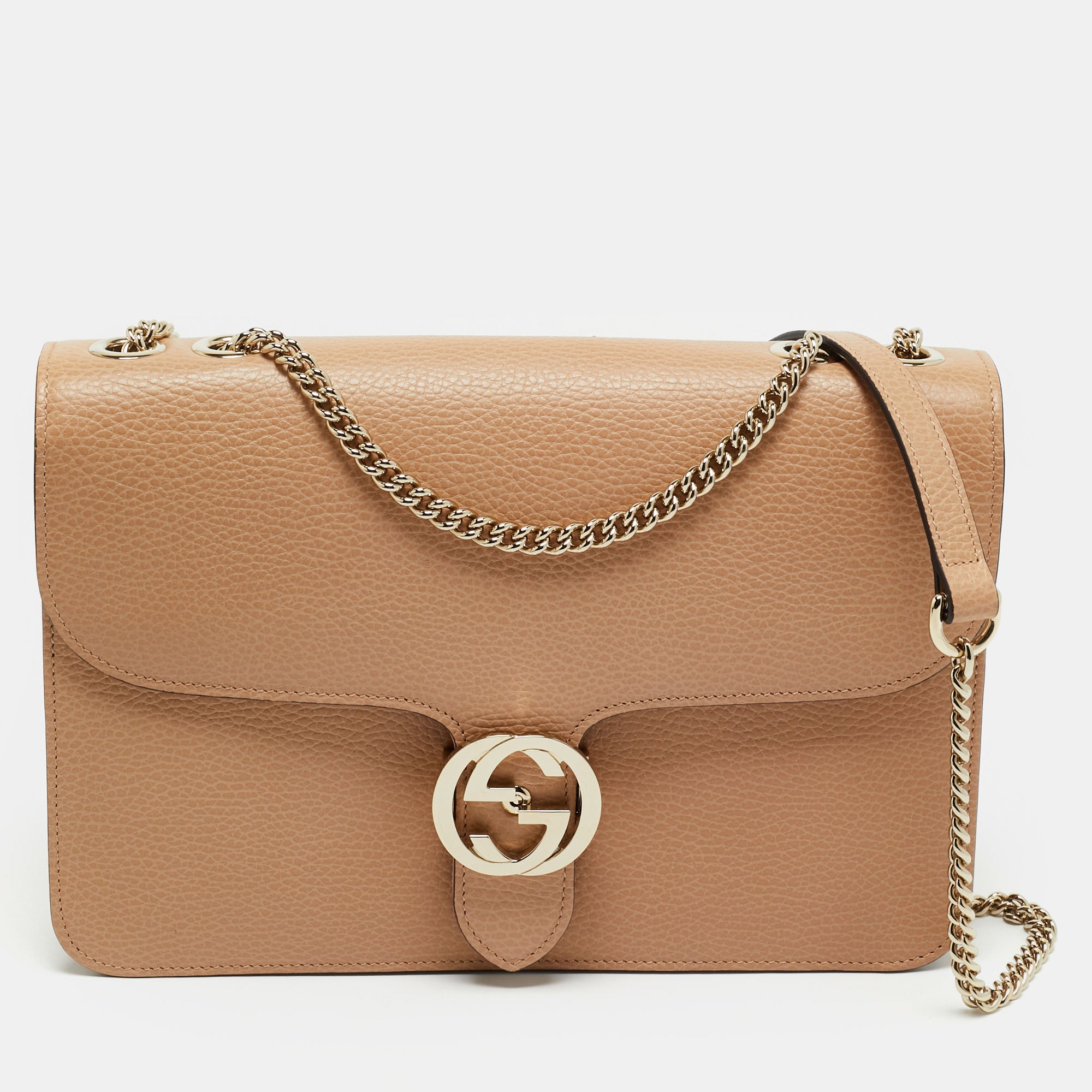 Gucci Beige Leather Dollar Interlocking G Shoulder Bag