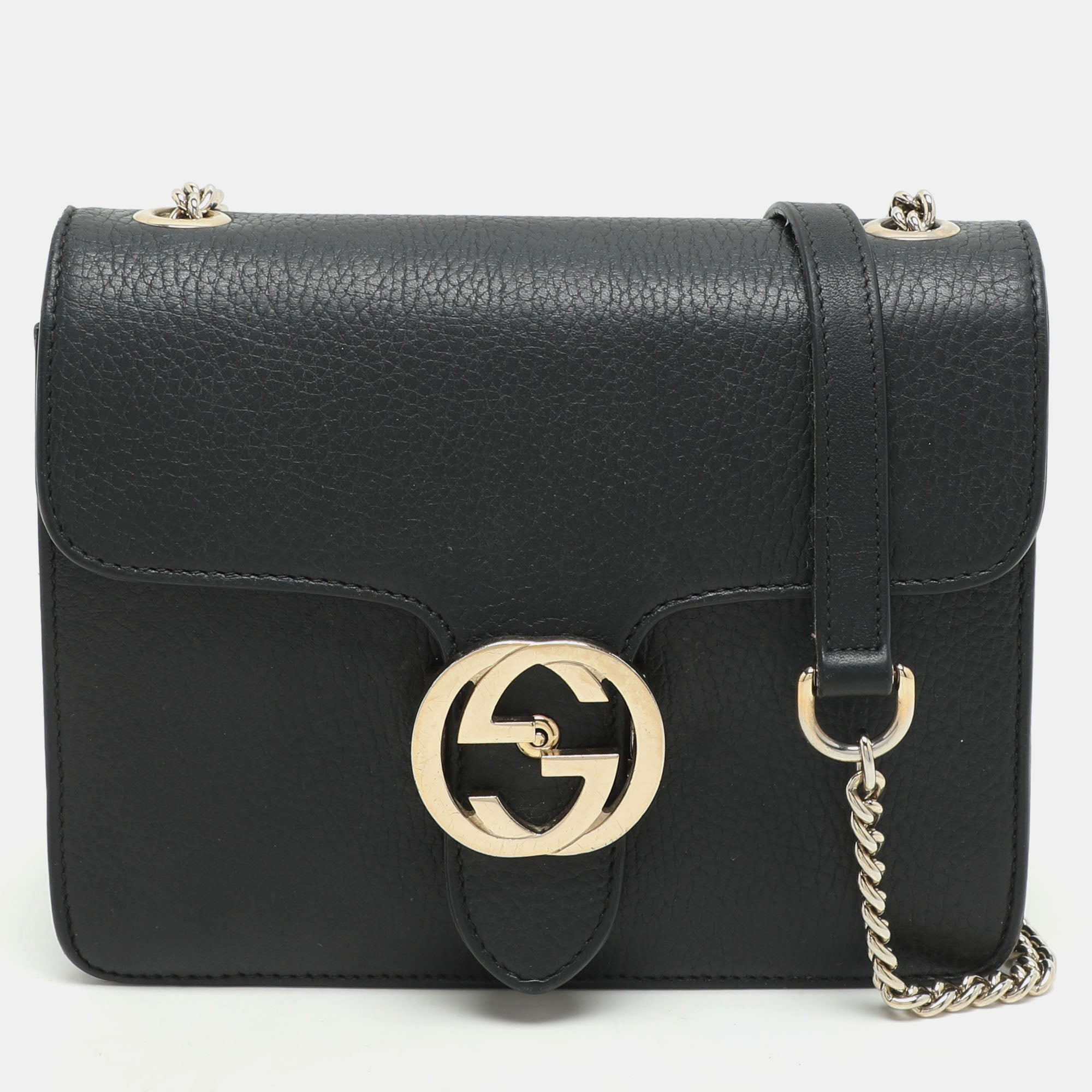 Gucci Black Leather Dollar Interlocking GG Shoulder Bag