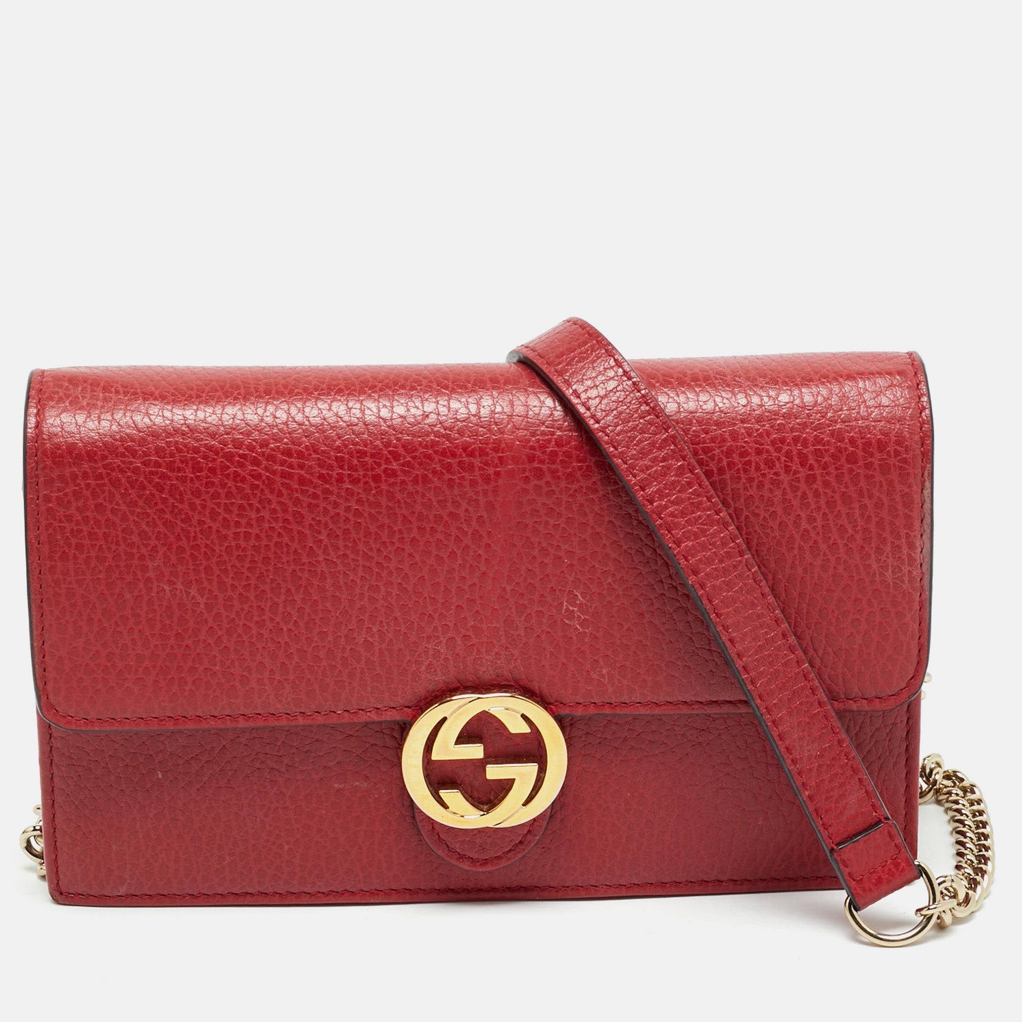 Gucci Red Leather Interlocking G Dollar Chain Wallet