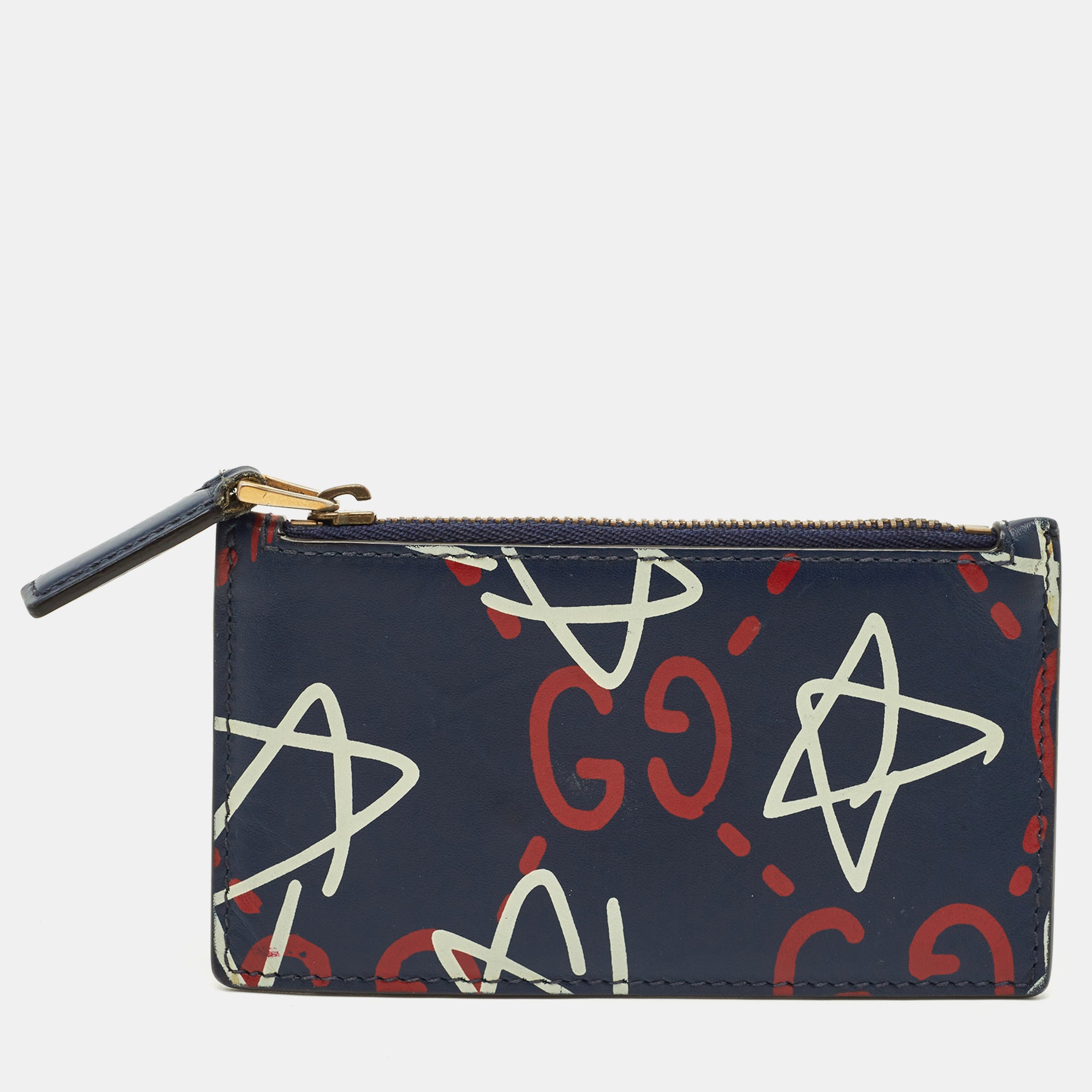 Gucci Navy Blue Leather Ghost Coin Zip Card Holder