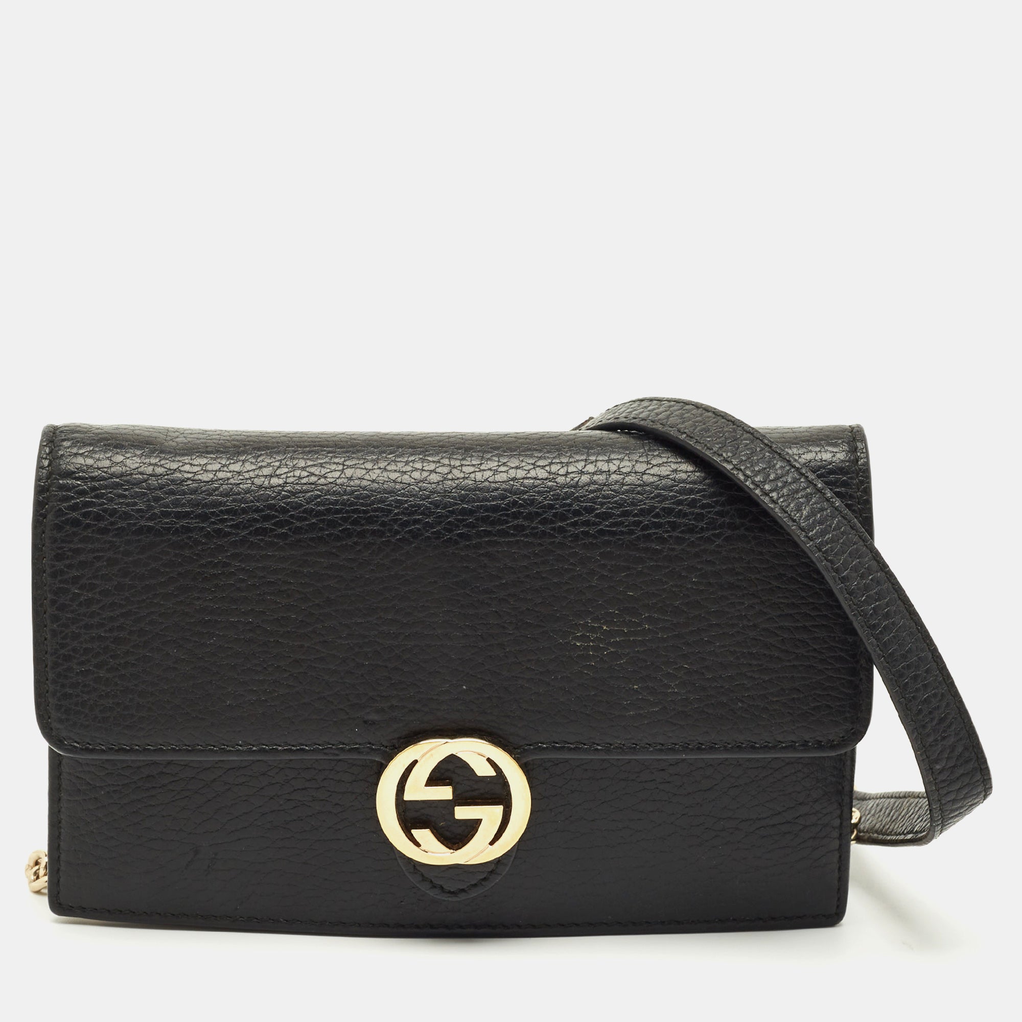 Gucci Black Leather Interlocking G Dollar Chain Wallet