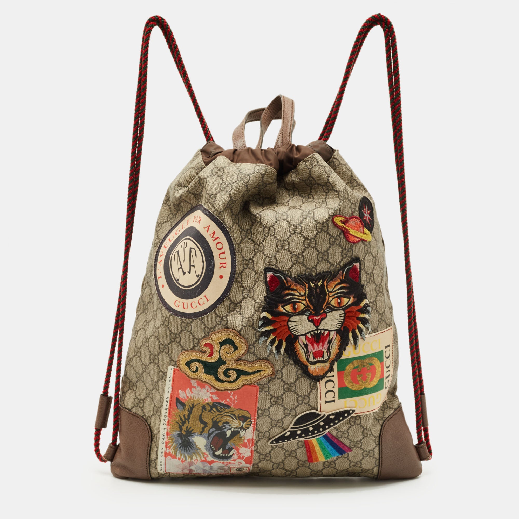 Gucci Brown-Beige GG Supreme Canvas Patchwork Drawstring Convertible Tote-Backpack
