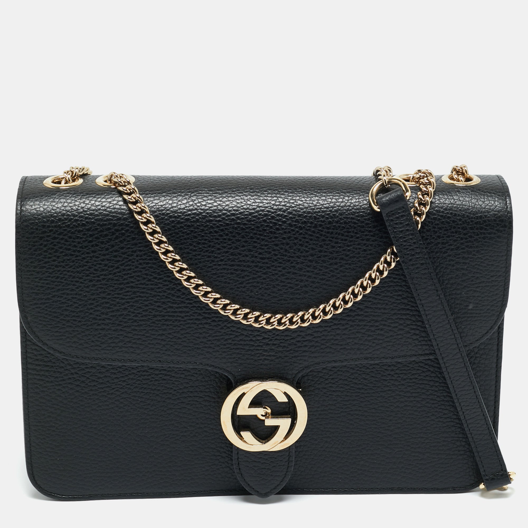 Gucci Black Leather Dollar Interlocking G Shoulder Bag