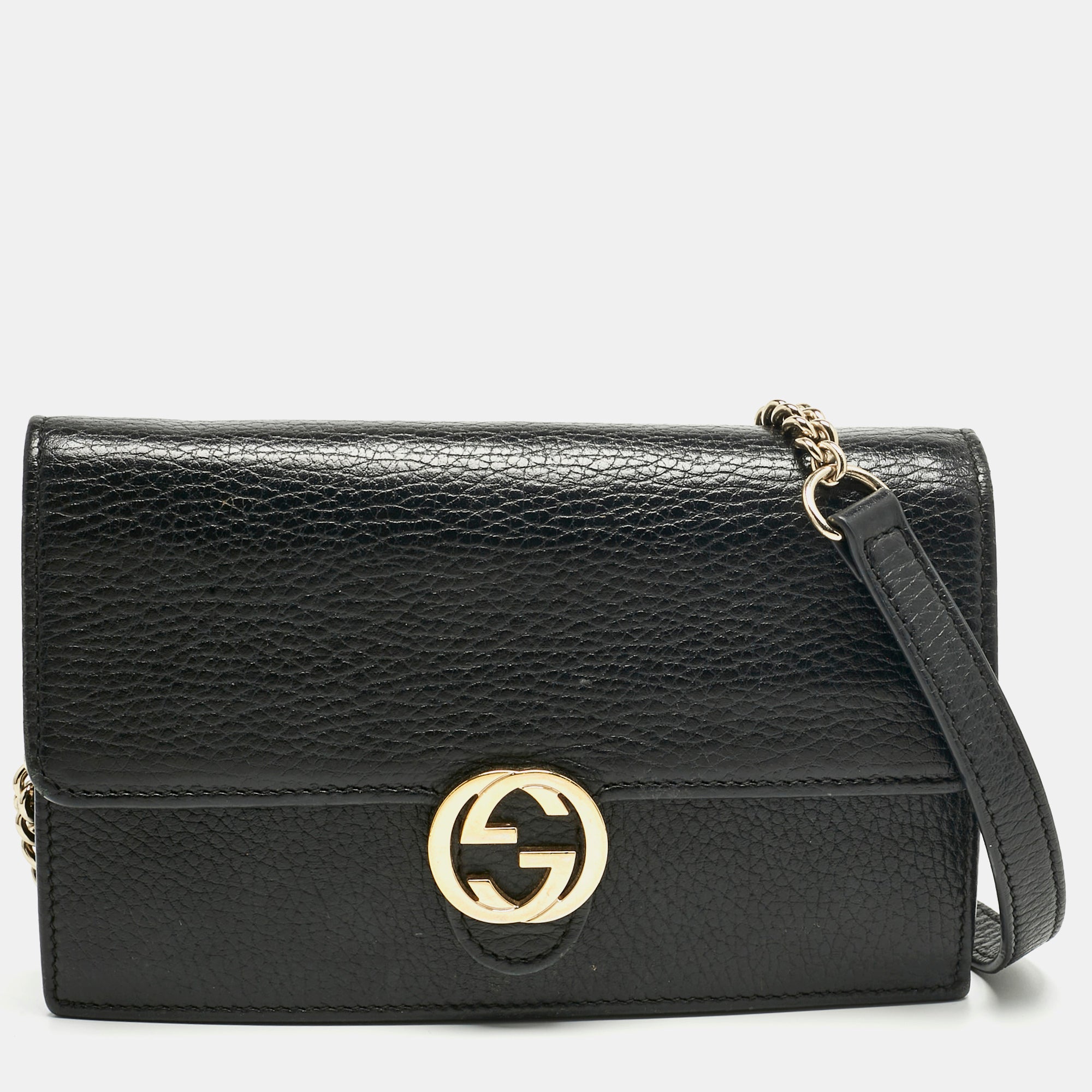 Gucci Black Leather Interlocking G Dollar Chain Wallet