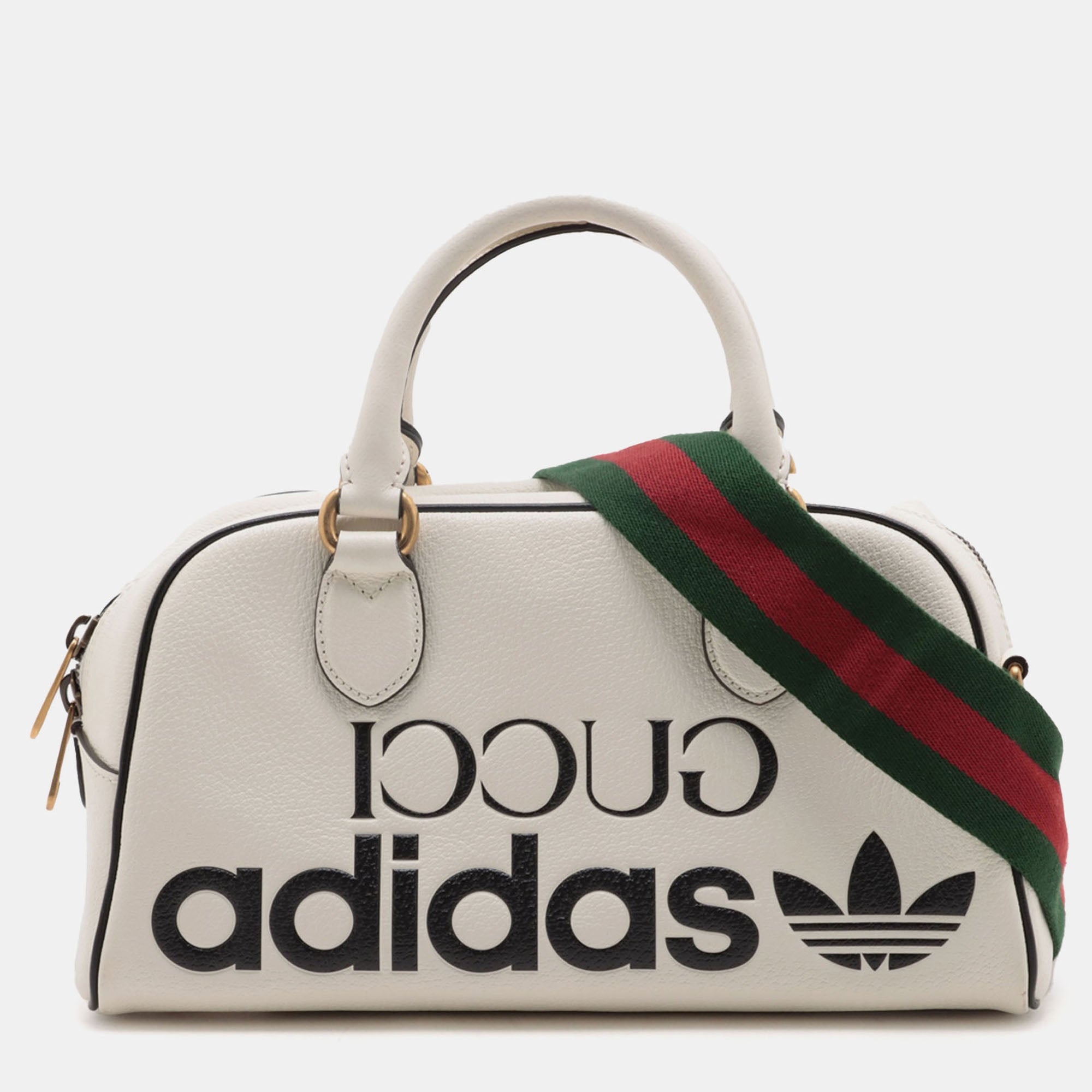Gucci White Adidas Mini Textured Dollar Calfskin Logo Web Duffle Bag