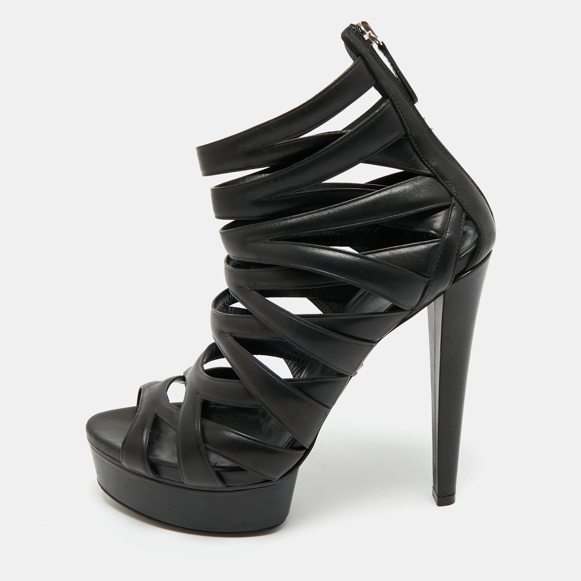 Gucci Black Leather Lifford Cage Platform Sandals Size 39