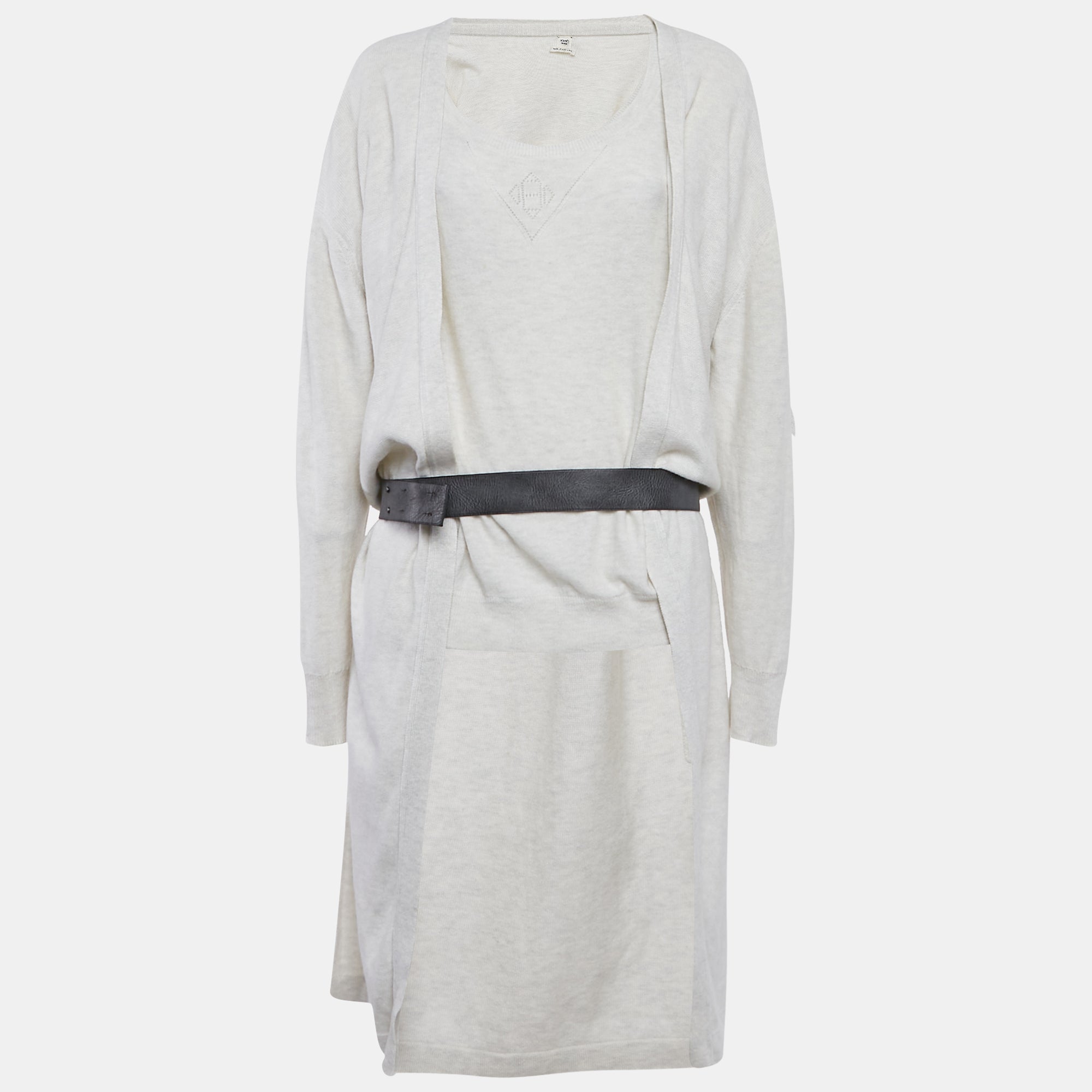 Hermes Beige Cashmere Knit Leather Trim Cardigan and Jumper Set L