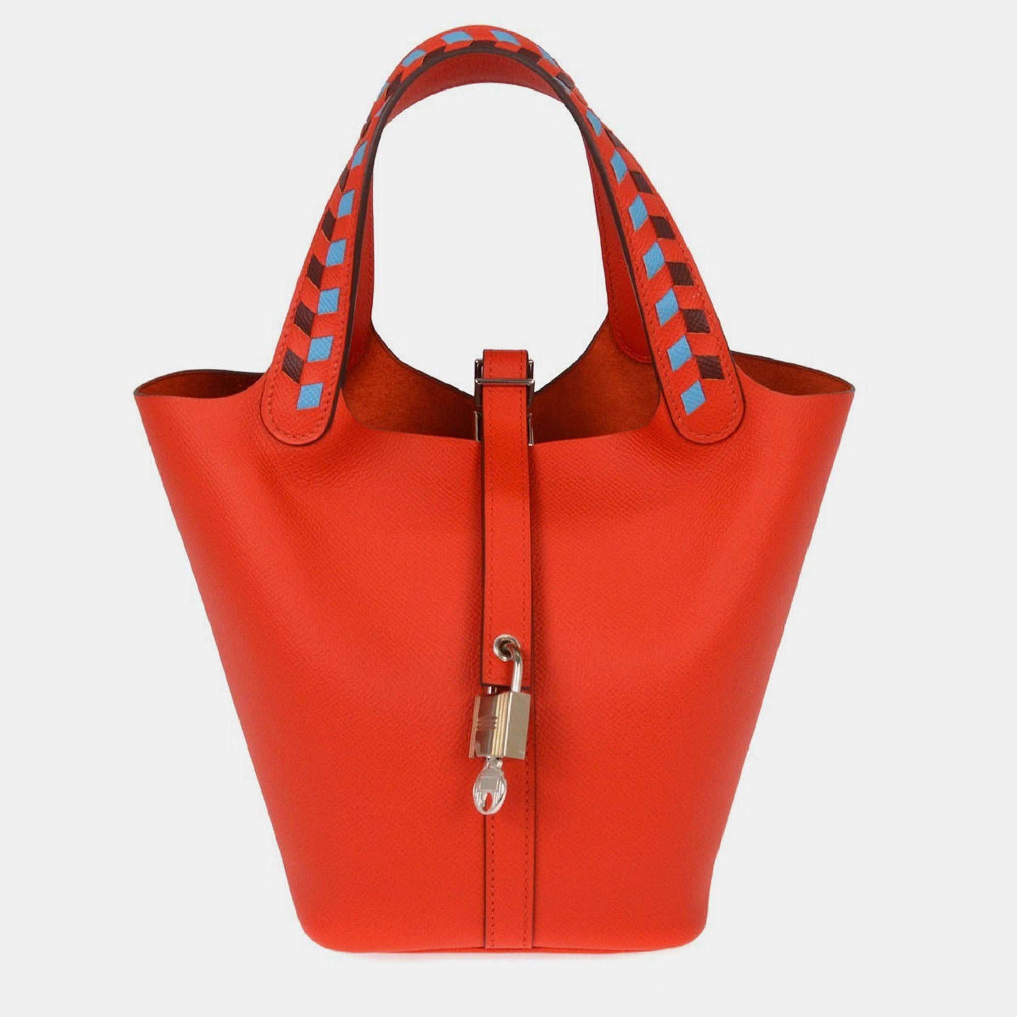 Hermes Red Epsom Picotin Lock 18 PM Tressage de Cuir Handbag