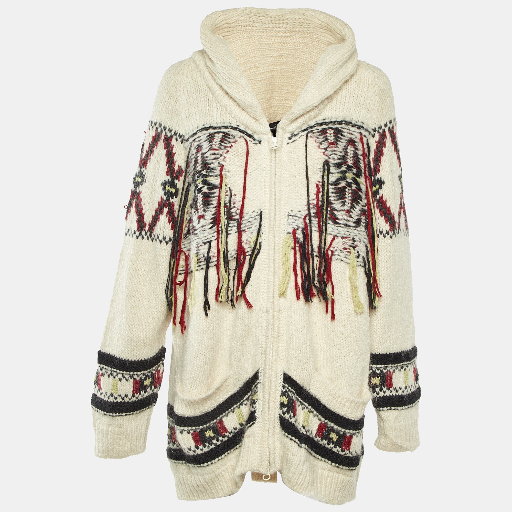 Isabel Marant Off White Intarsia Knit Fringed Zip-Up Yosemite Cardigan XS