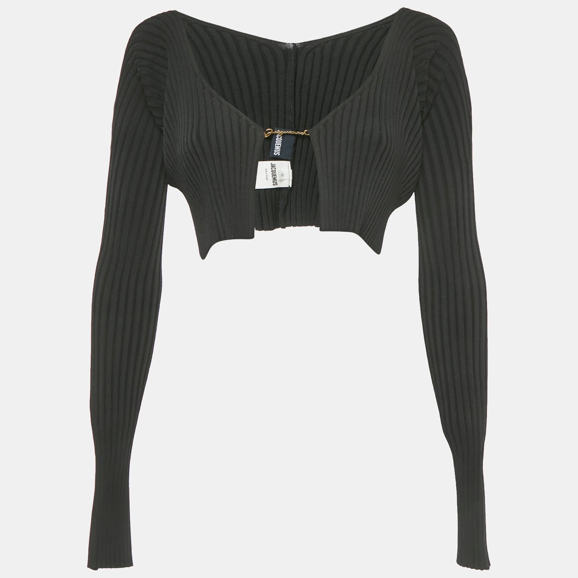 Jacquemus Black Rib Knit Logo Detail Crop Cardigan L