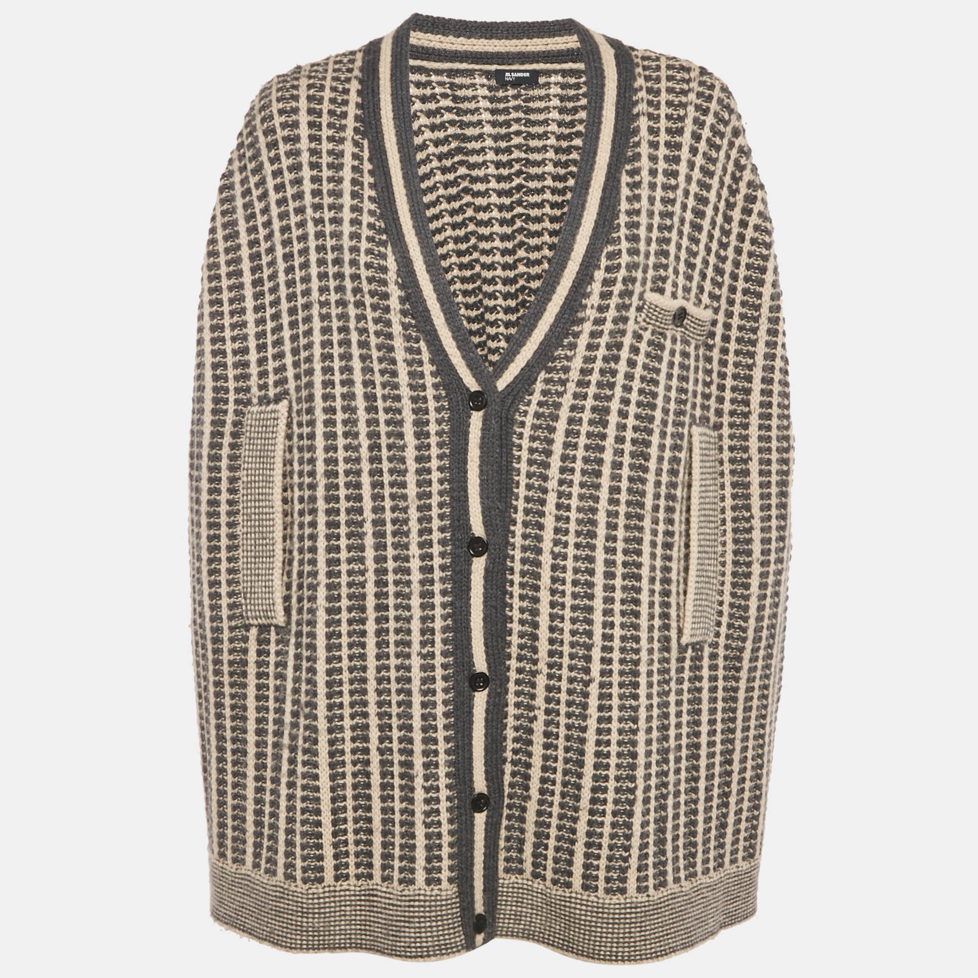 Jil Sander Navy Blue- Beige Pattered Wool Button Front Cardigan L