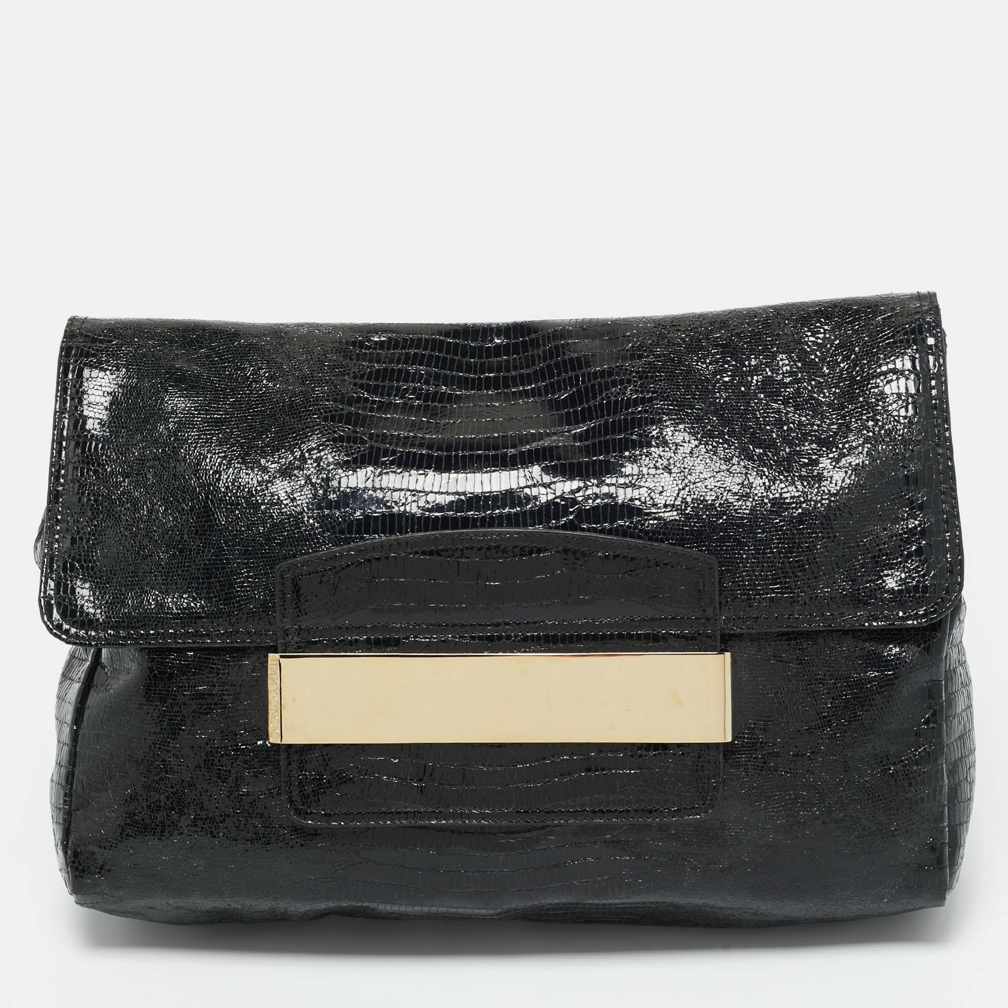 Jimmy Choo Black Lizard Embossed Glossy Leather Carolina Clutch