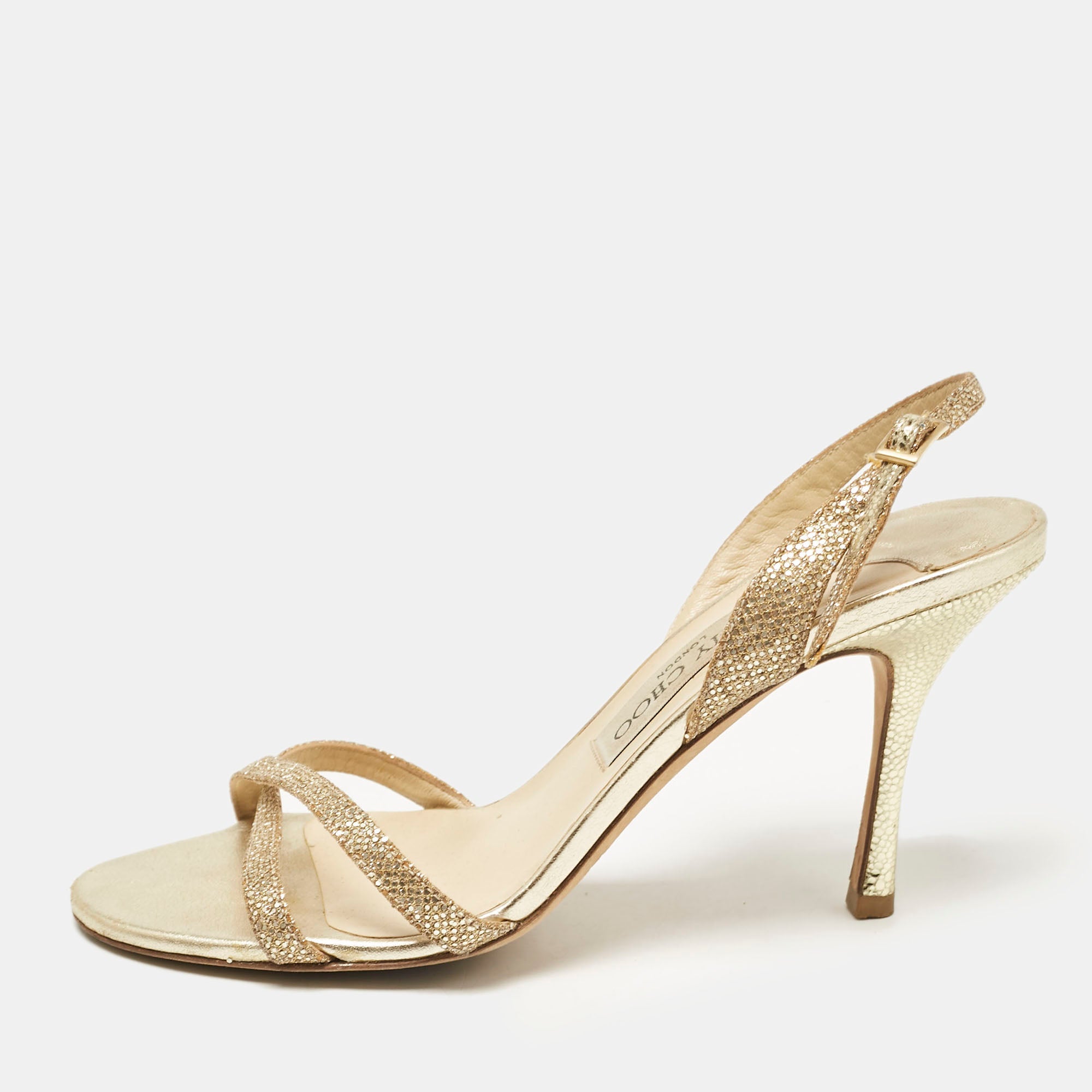 Jimmy Choo Gold Leather and Glitter India Slingback Sandals Size 37.5