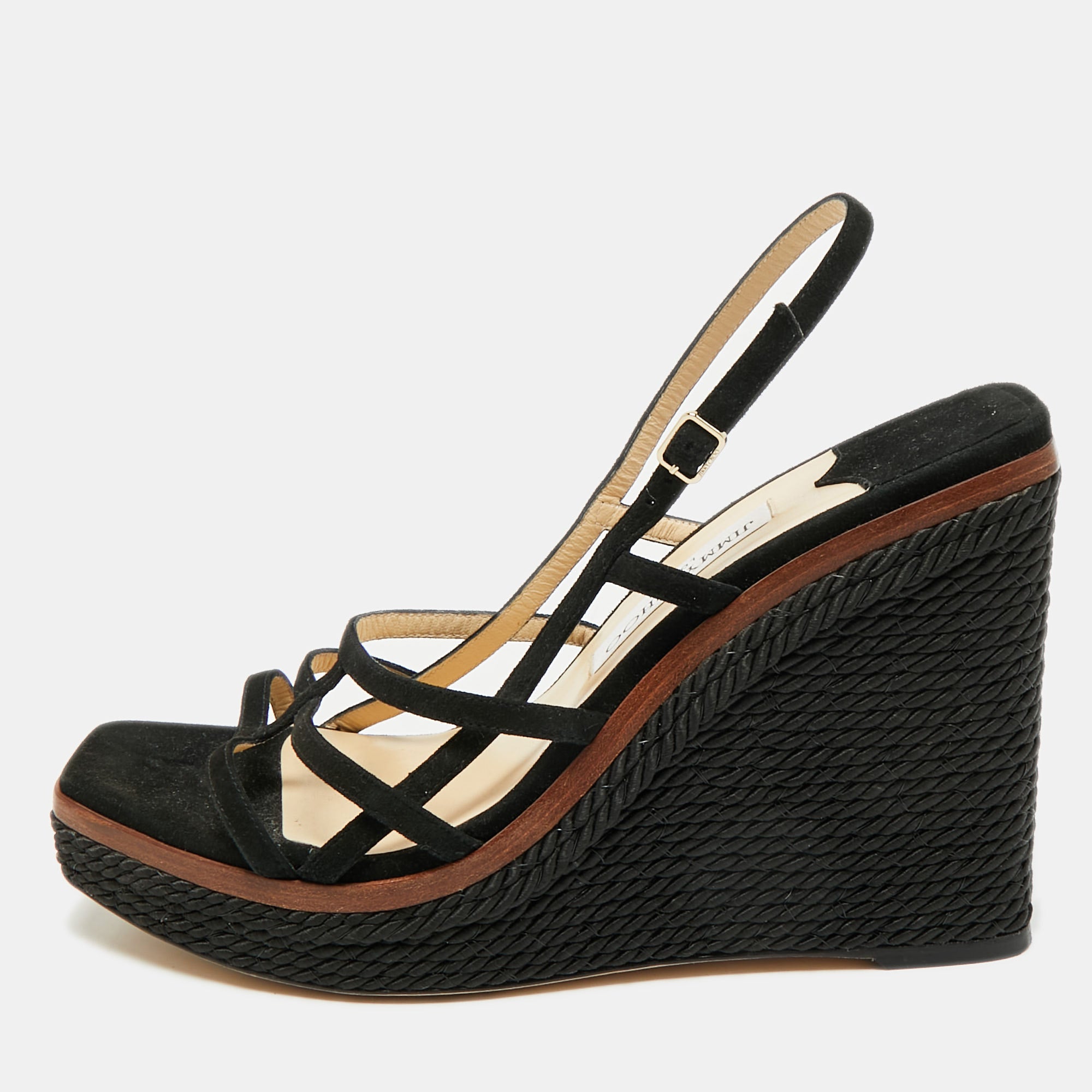 JIMMY Choo Black Suede Caged Strappy Ankle Strap Wedge Sandals Size 41