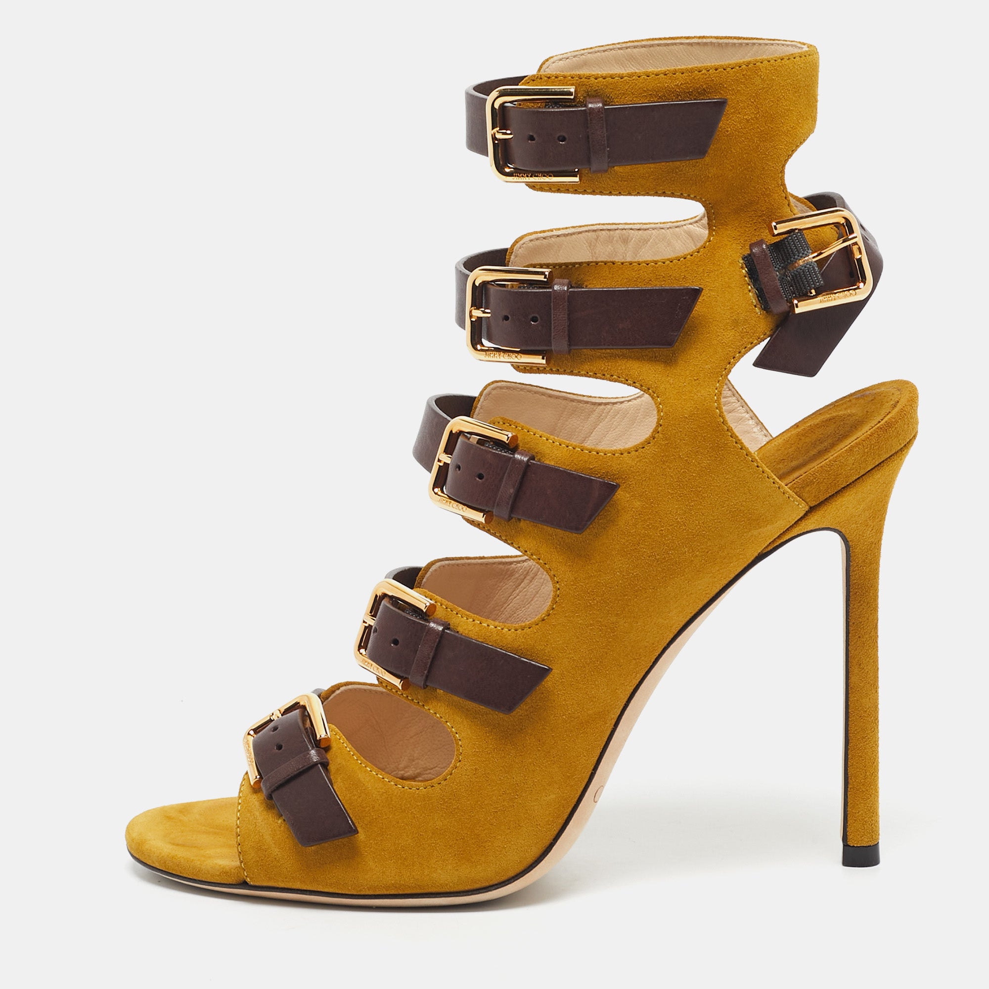 Jimmy Choo Yellow-Brown Suede and Leather Trick Caged Sandals Size 39
